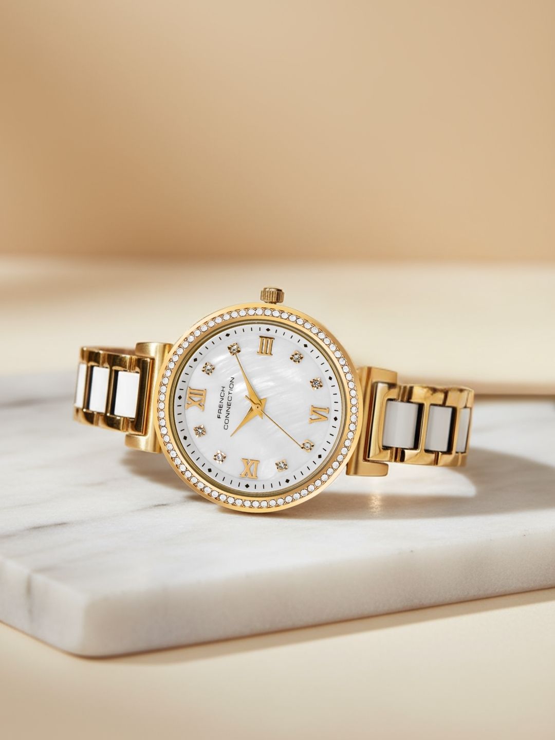 French Connection Mop White Round Dial With Gold & White Stainless Steel Strap Watch - For Womens FCB13GM