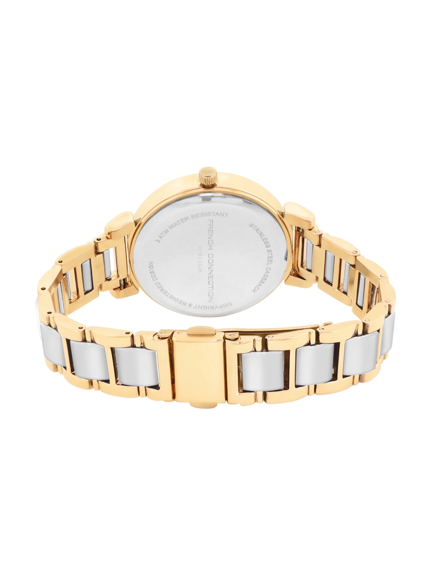 French Connection Mop White Round Dial With Gold & White Stainless Steel Strap Watch - For Womens FCB13GM