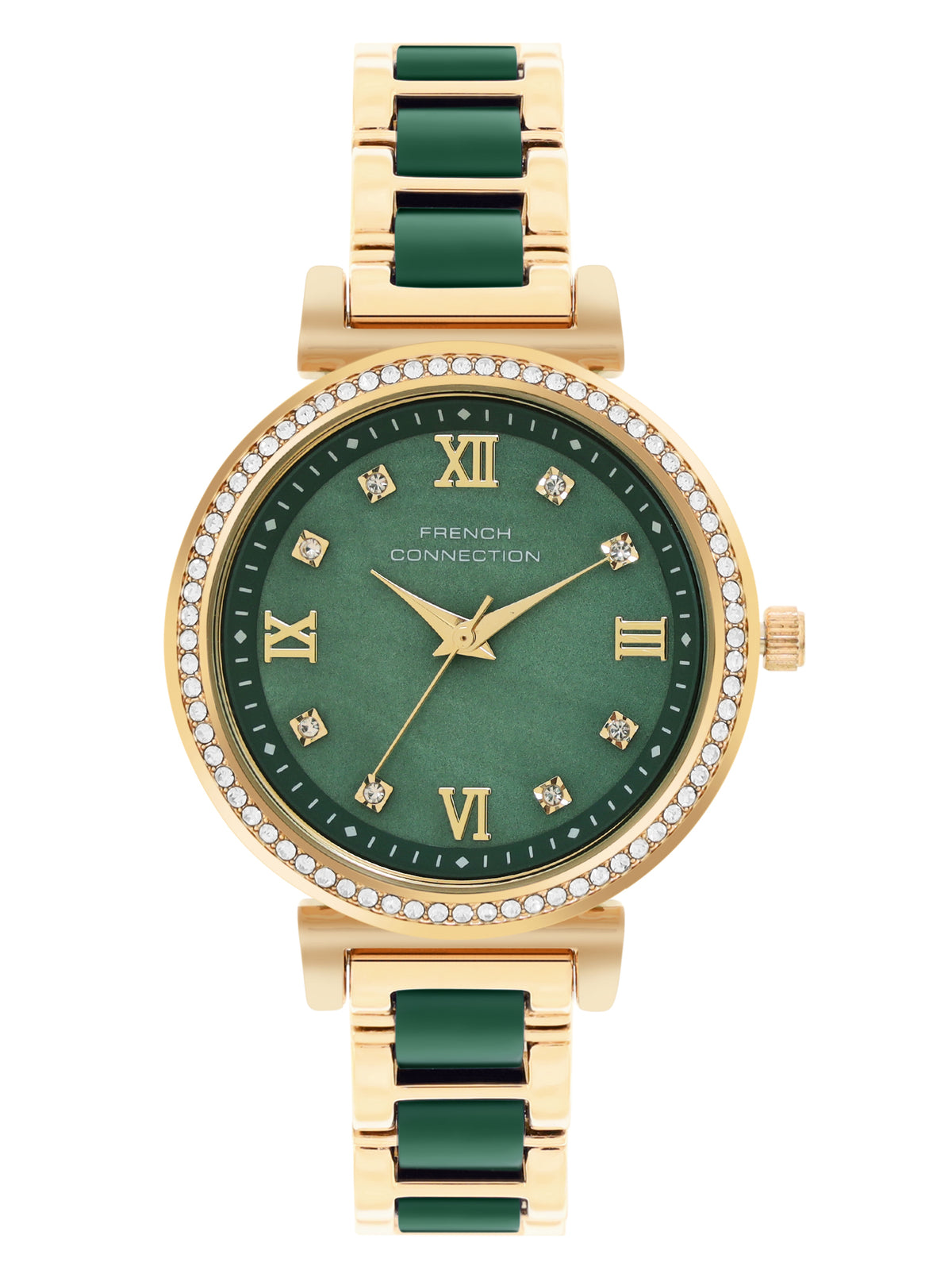 French Connection Mop Green Round Dial With Gold & Green Stainless Steel Strap Watch - For Womens FCB13NGM