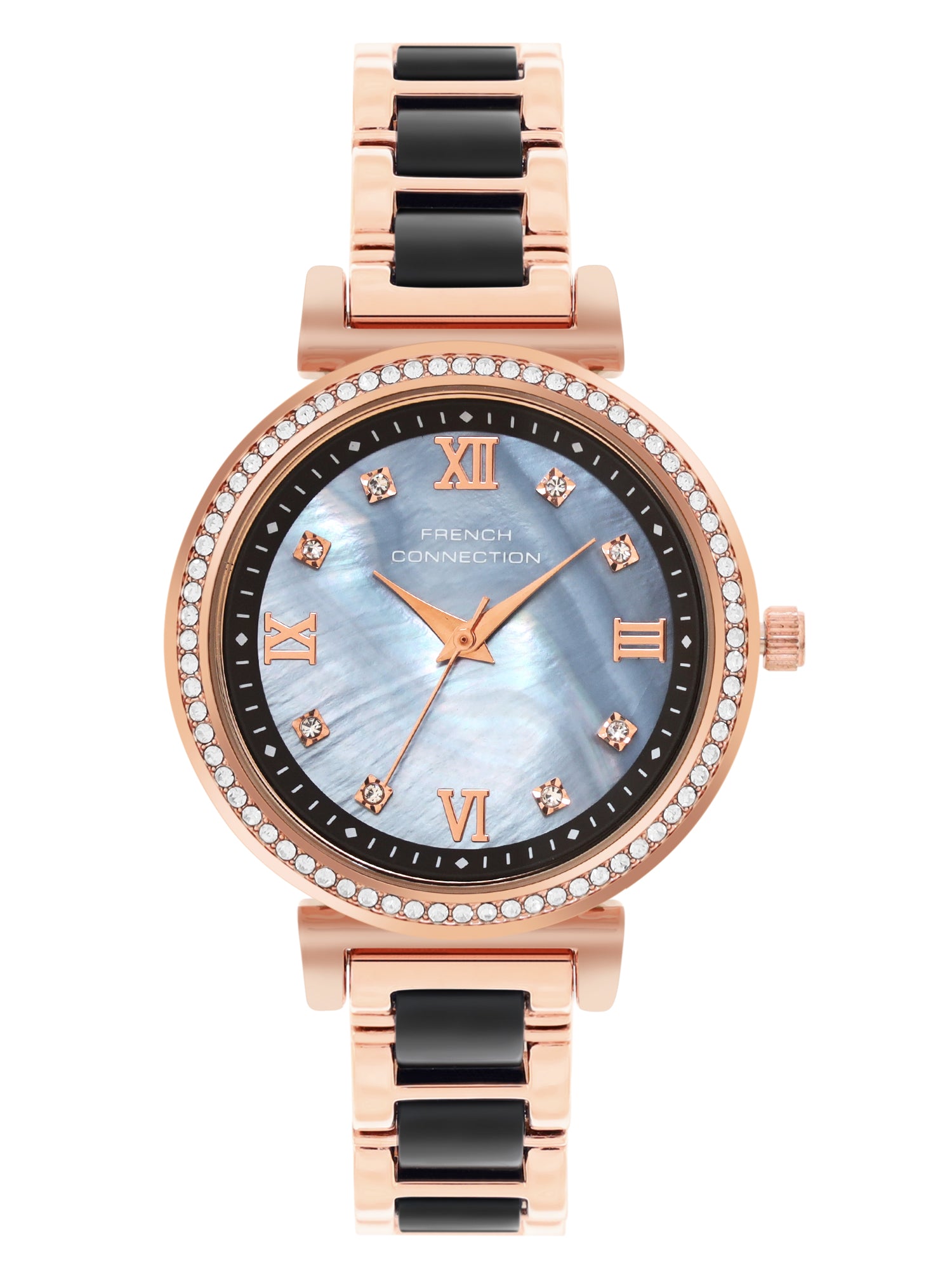 French Connection Mop Black Round Dial With Rosegold & Black Stainless Steel Strap Watch - For Womens FCB13RGM-B