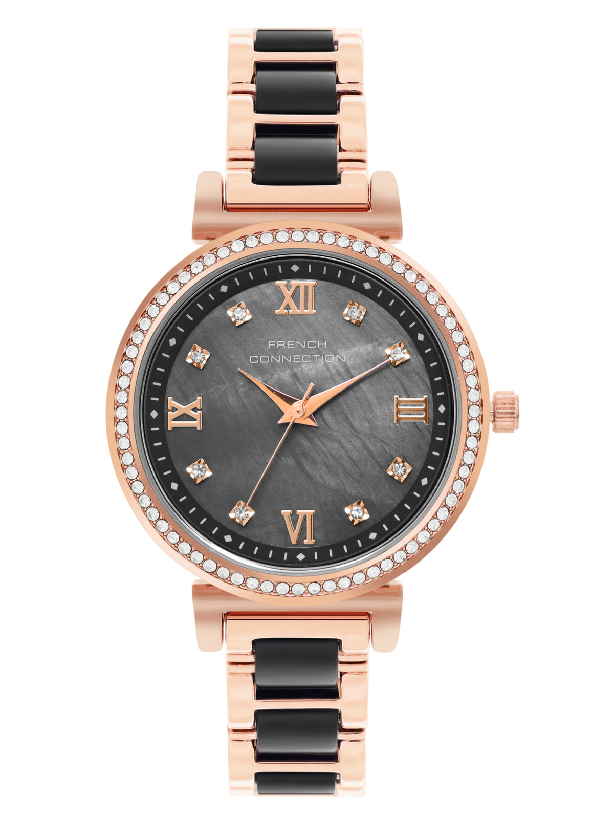 French Connection Mop Black Round Dial With Rosegold & Black Stainless Steel Strap Watch - For Womens FCB13RGM-B