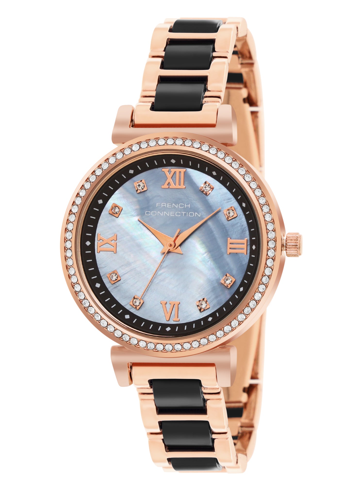 French Connection Mop Black Round Dial With Rosegold & Black Stainless Steel Strap Watch - For Womens FCB13RGM-B