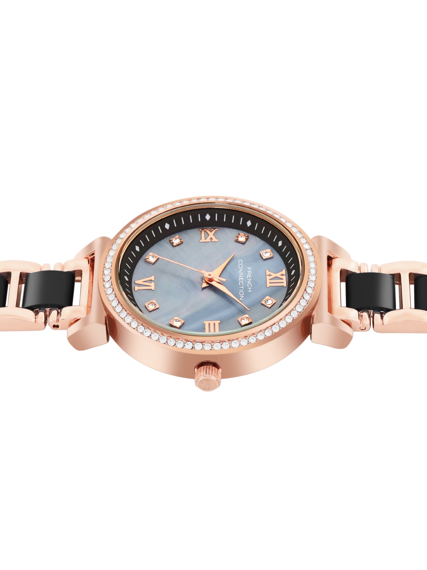 French Connection Mop Black Round Dial With Rosegold & Black Stainless Steel Strap Watch - For Womens FCB13RGM-B