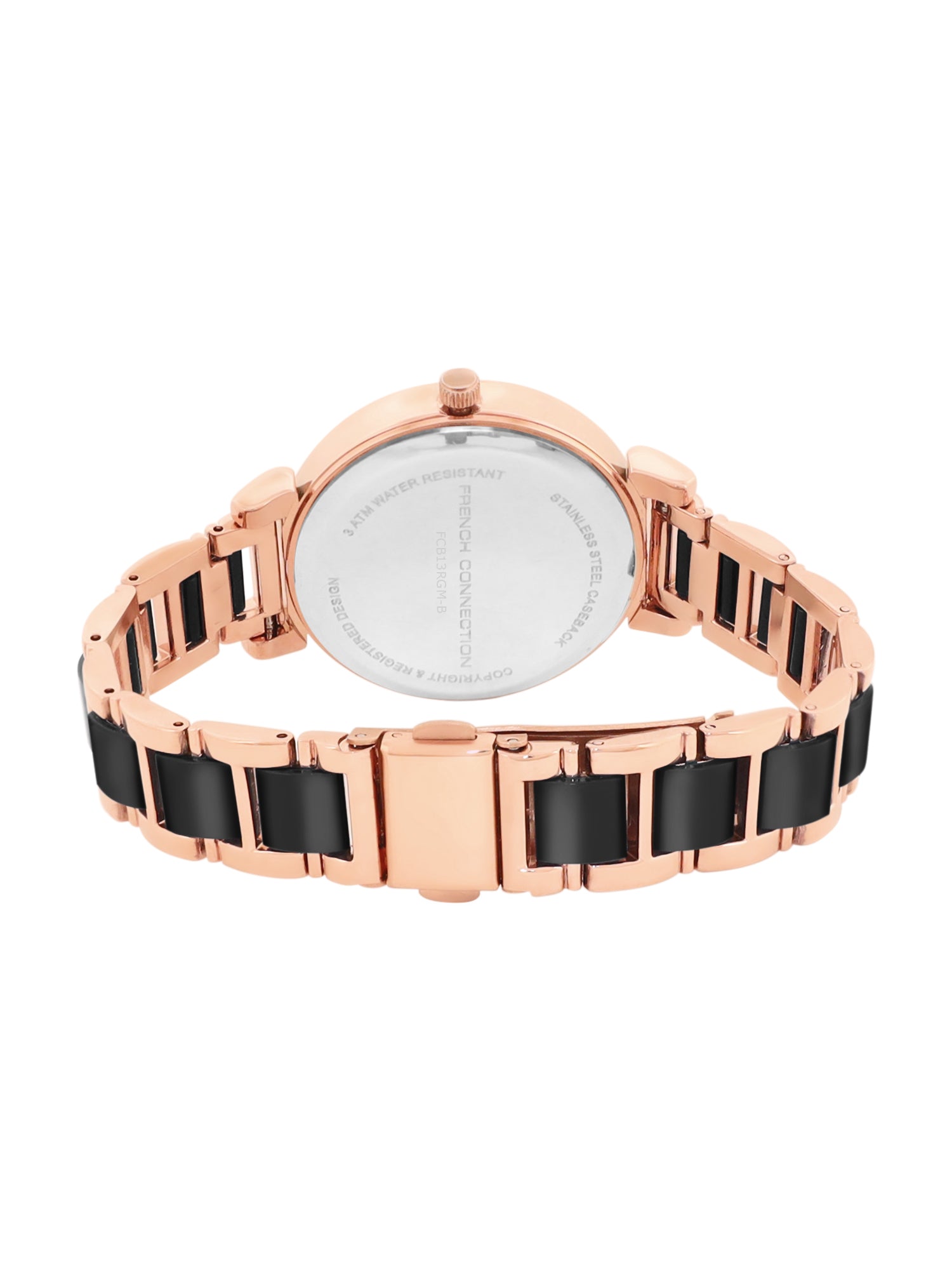 French Connection Mop Black Round Dial With Rosegold & Black Stainless Steel Strap Watch - For Womens FCB13RGM-B
