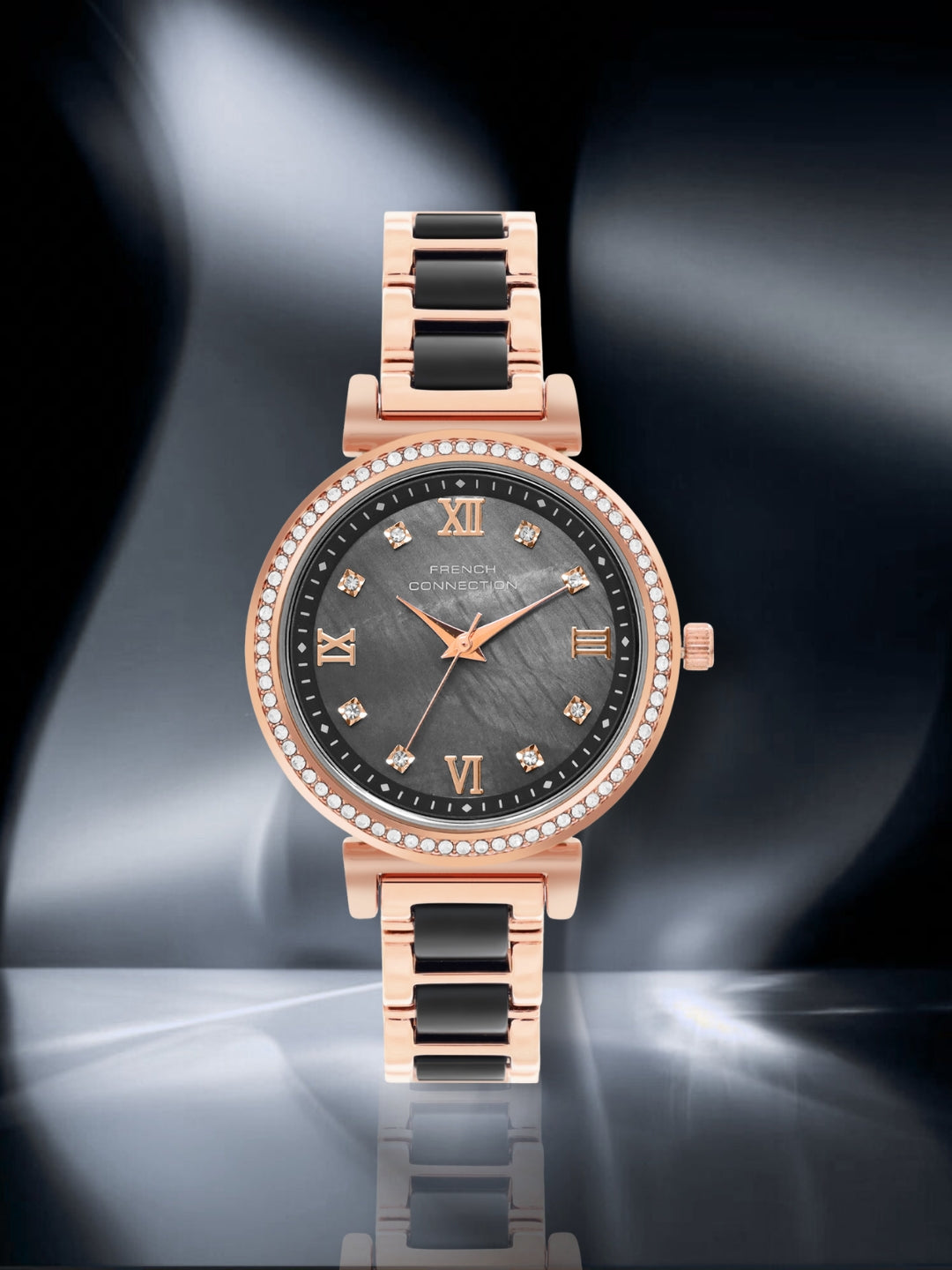 French Connection Mop Black Round Dial With Rosegold & Black Stainless Steel Strap Watch - For Womens FCB13RGM-B