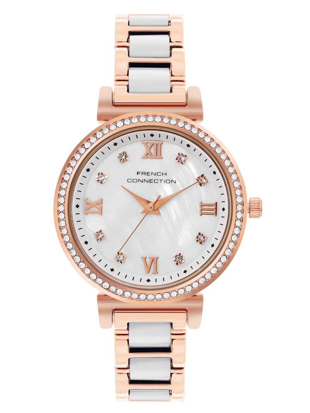 French Connection Mop White Round Dial With Rosegold & White Stainless Steel Strap Watch - For Womens FCB13RTM