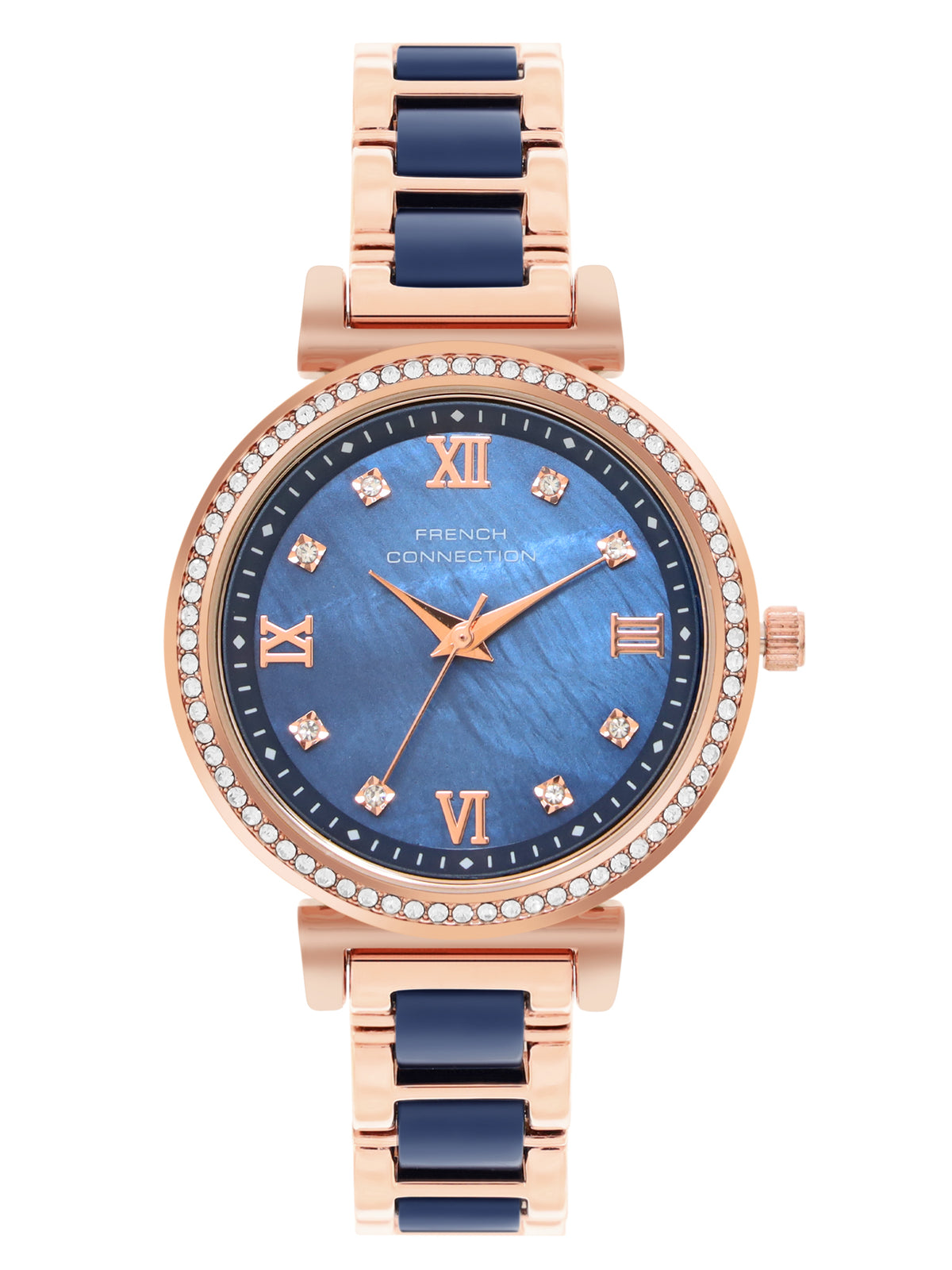 French Connection Mop Blue Round Dial With Rosegold & Blue Stainless Steel Strap Watch - For Womens FCB13URGM
