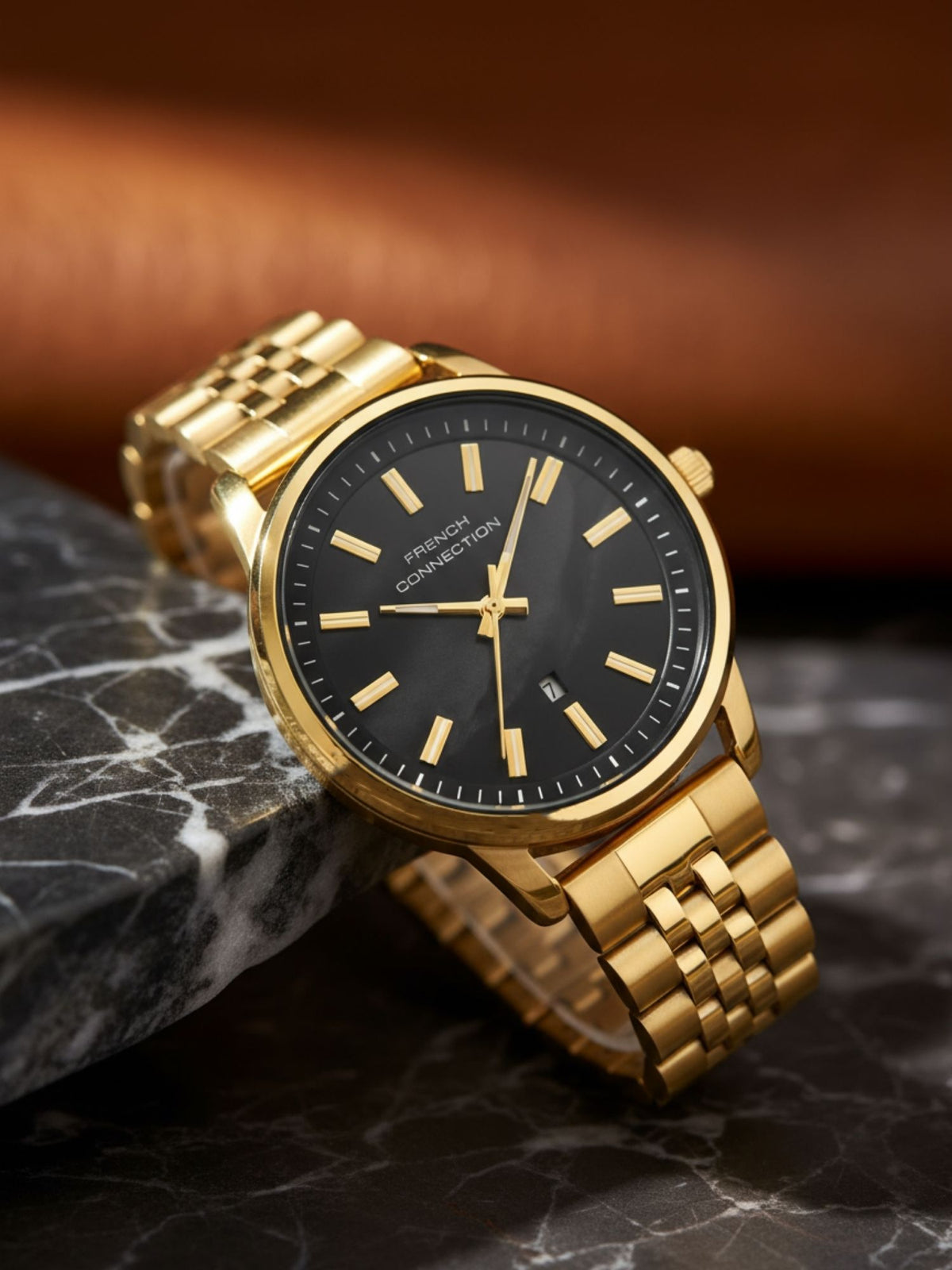 French Connection Mop Black Round Dial With Gold Stainless Steel Strap Watch - For Womens FCB14GM