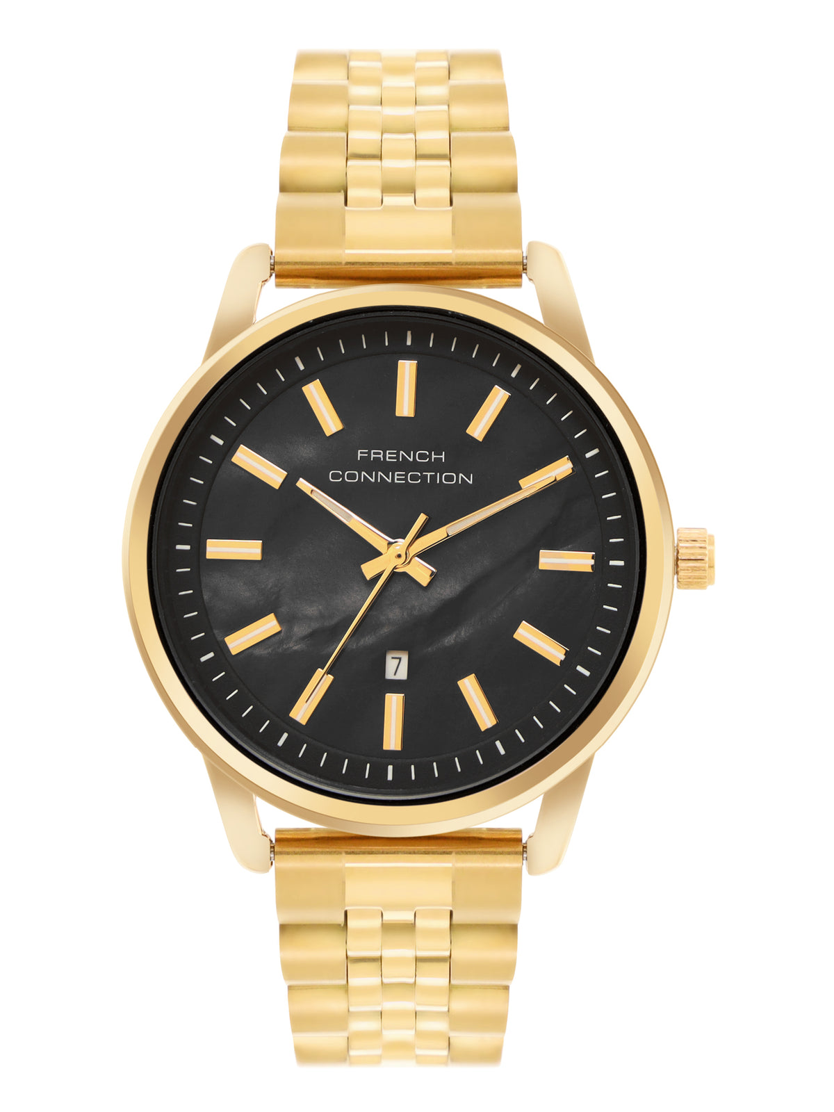 French Connection Mop Black Round Dial With Gold Stainless Steel Strap Watch - For Womens FCB14GM
