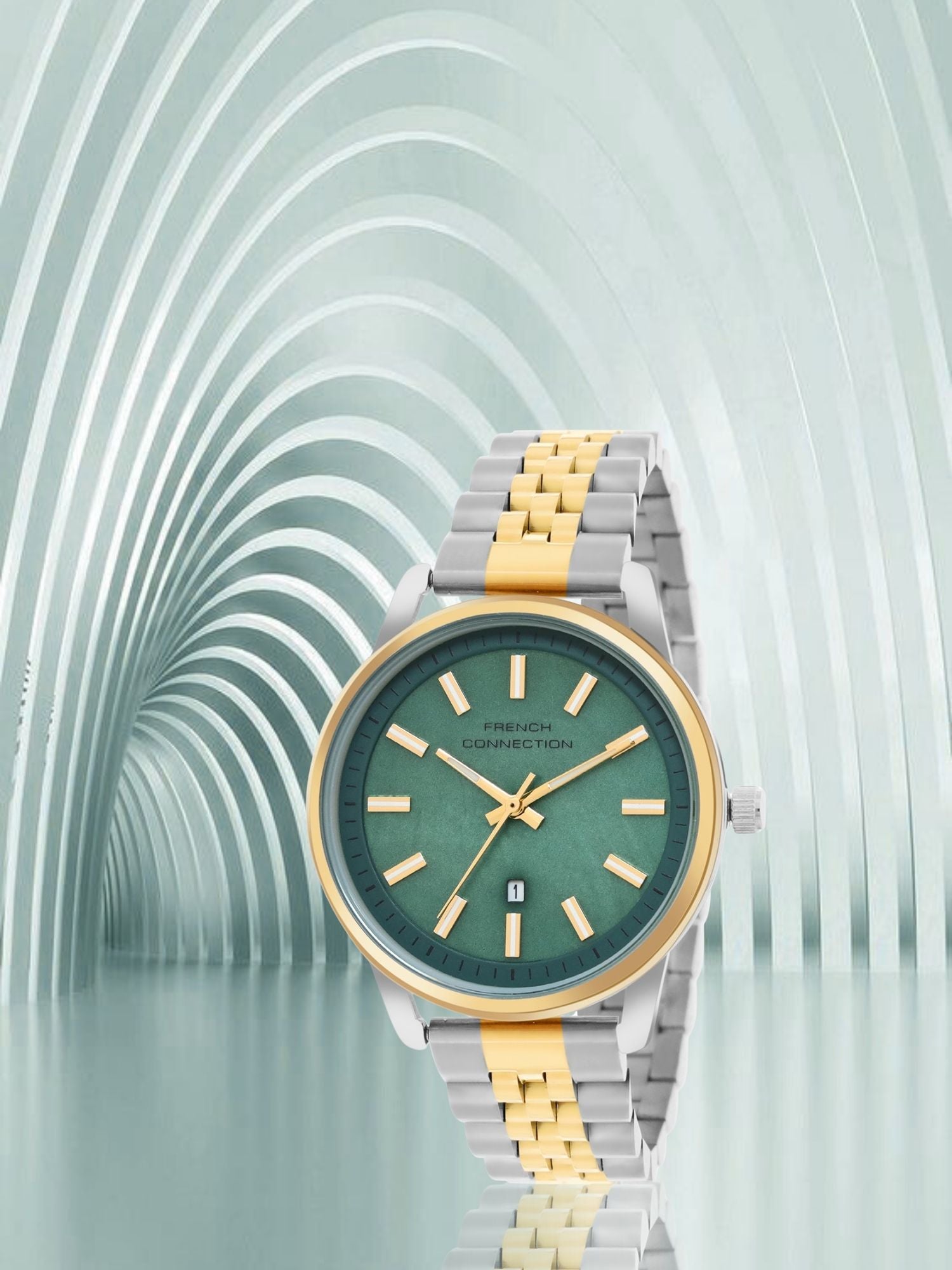 French Connection Mop Green Round Dial With Gold Two Tone Stainless Steel Strap Watch - For Womens FCB14NTM
