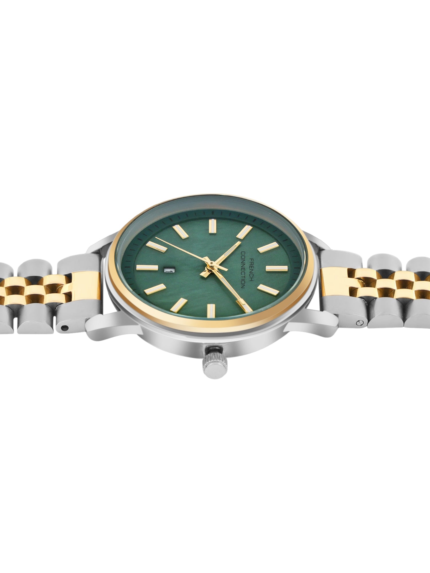 French Connection Mop Green Round Dial With Gold Two Tone Stainless Steel Strap Watch - For Womens FCB14NTM