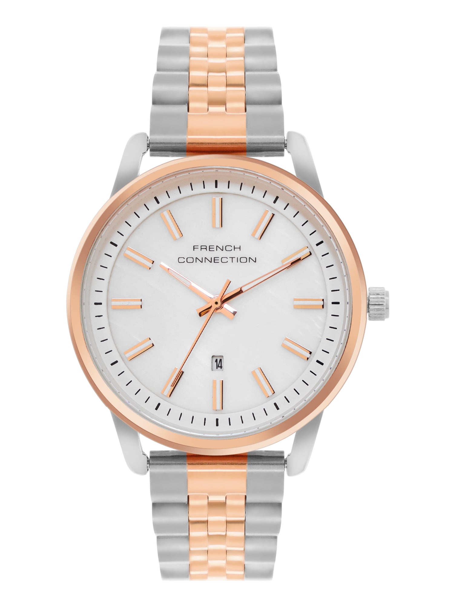 French Connection Mop White Round Dial With Rose Two Tone Stainless Steel Strap Watch - For Womens FCB14SRTM