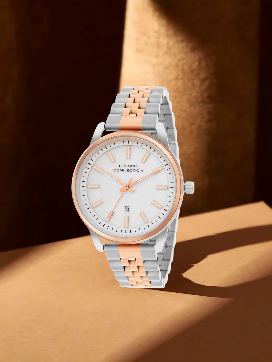 French Connection Mop White Round Dial With Rose Two Tone Stainless Steel  Strap Watch - For Womens FCB14SRTM