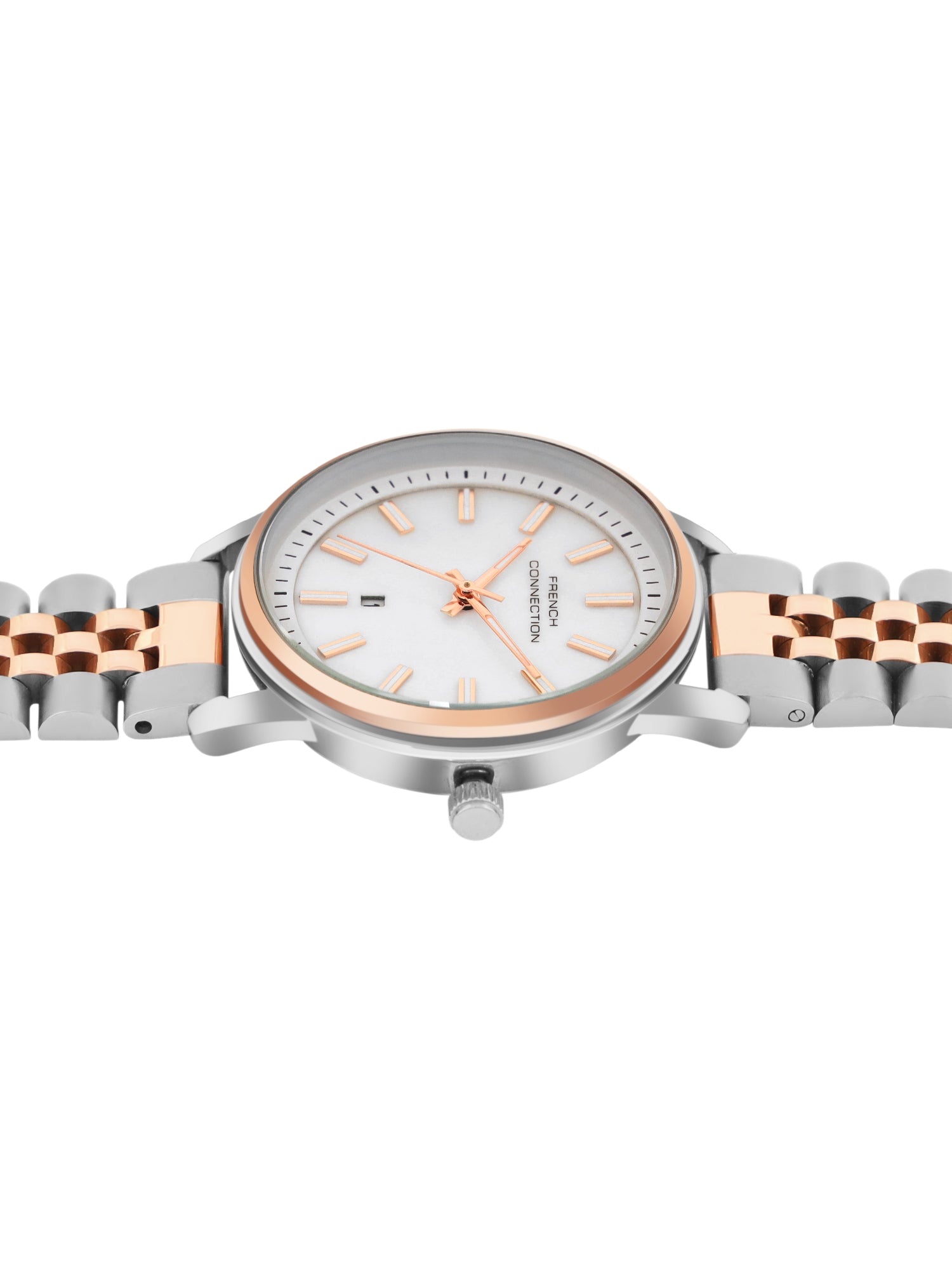 French Connection Mop White Round Dial With Rose Two Tone Stainless Steel Strap Watch - For Womens FCB14SRTM