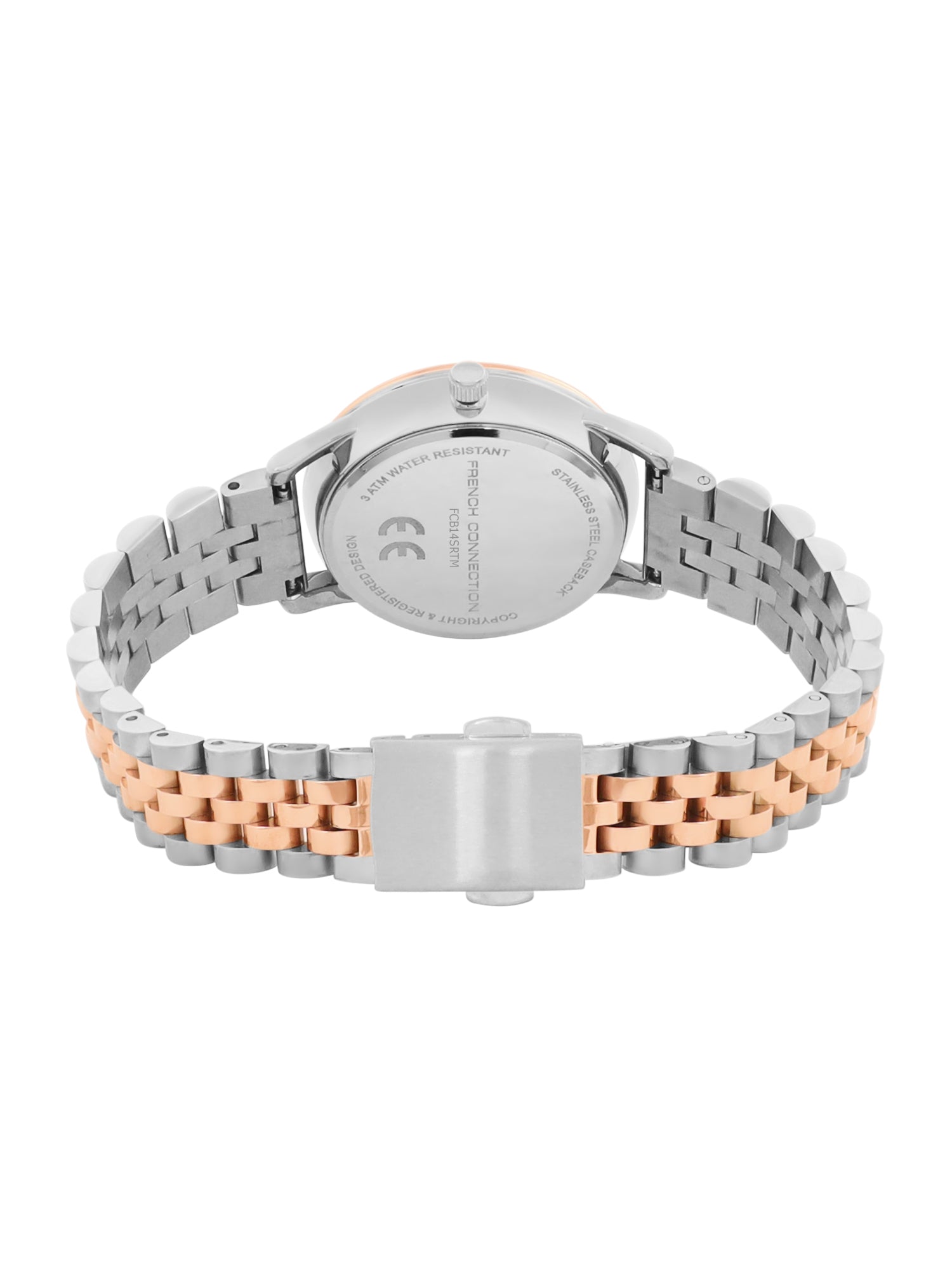 French Connection Mop White Round Dial With Rose Two Tone Stainless Steel Strap Watch - For Womens FCB14SRTM