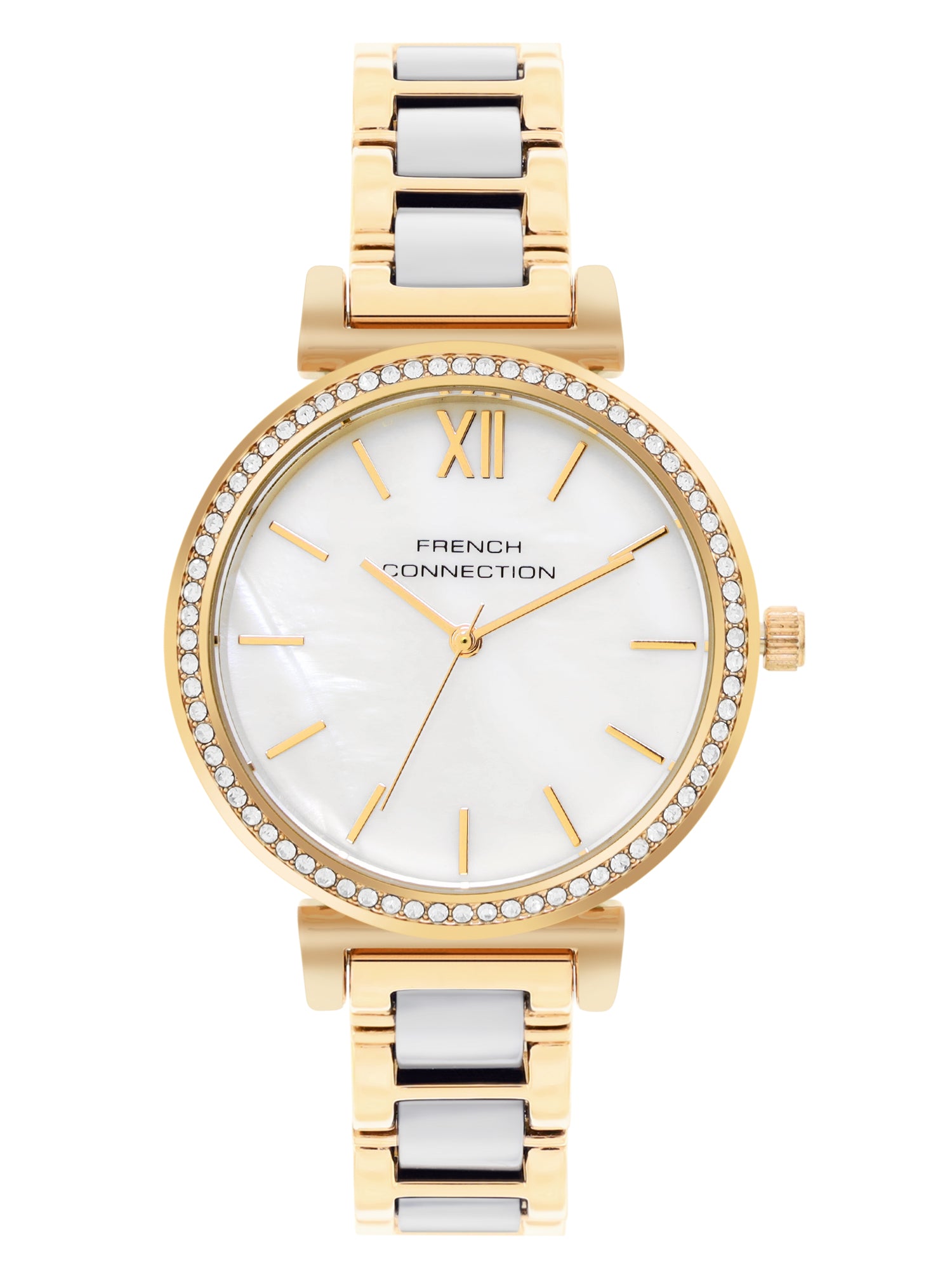French Connection Mop White Round Dial With Gold & White Stainless Steel Strap Watch - For Womens FCB15GM