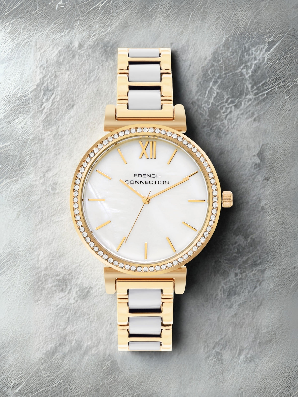 French Connection Mop White Round Dial With Gold & White Stainless Steel Strap Watch - For Womens FCB15GM