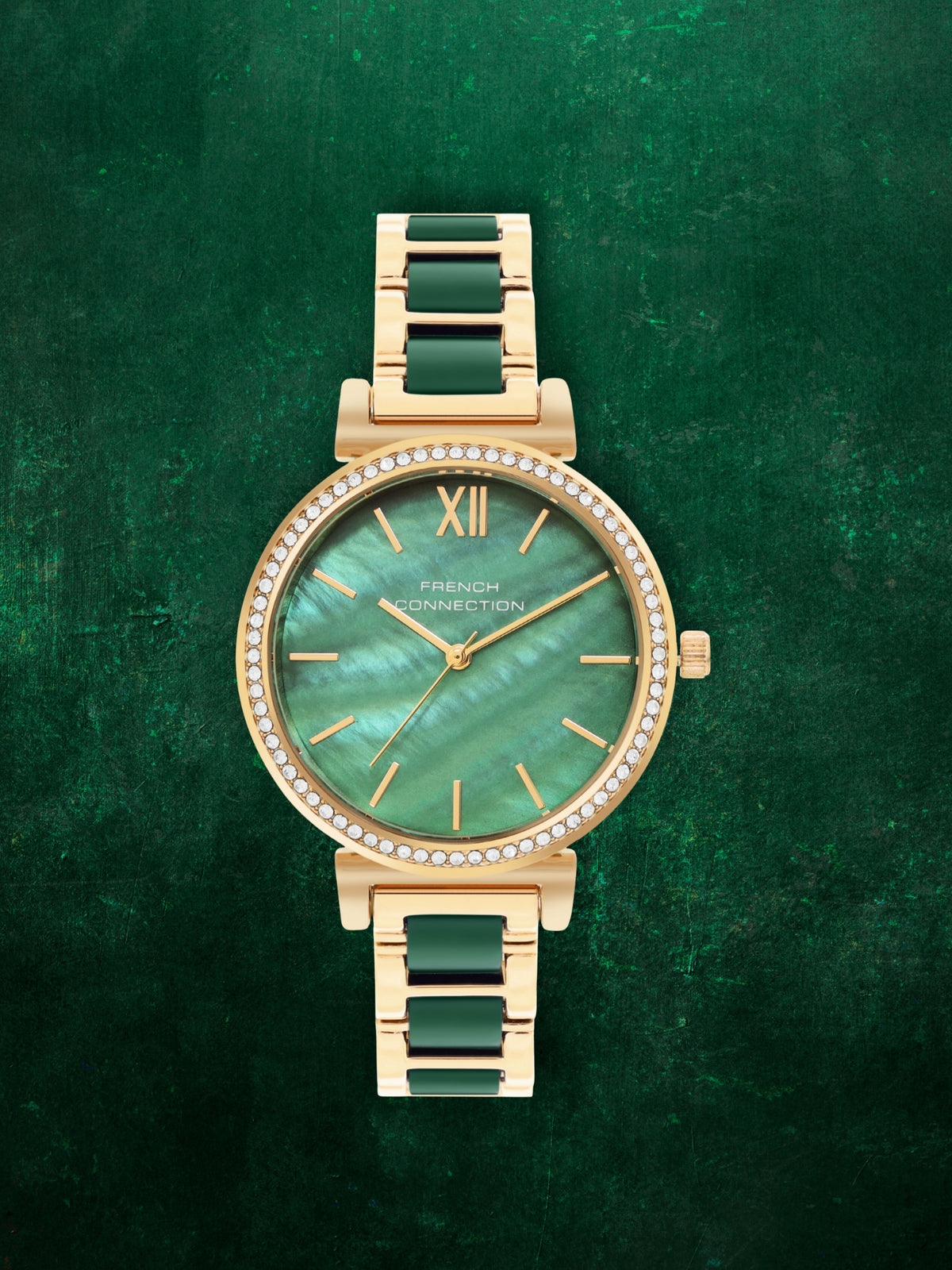 French Connection Mop Green Round Dial With Gold & Green Stainless Steel Strap Watch - For Womens FCB15NGM