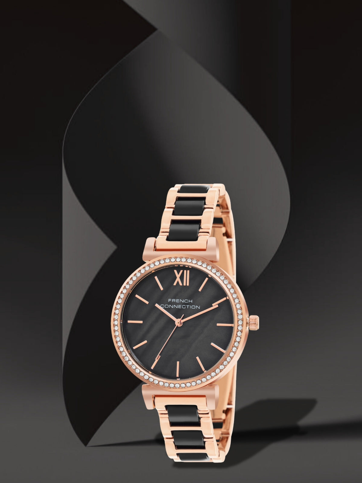 French Connection Mop Black Round Dial With Rosegold & Black Stainless Steel Strap Watch - For Womens FCB15RGM-B