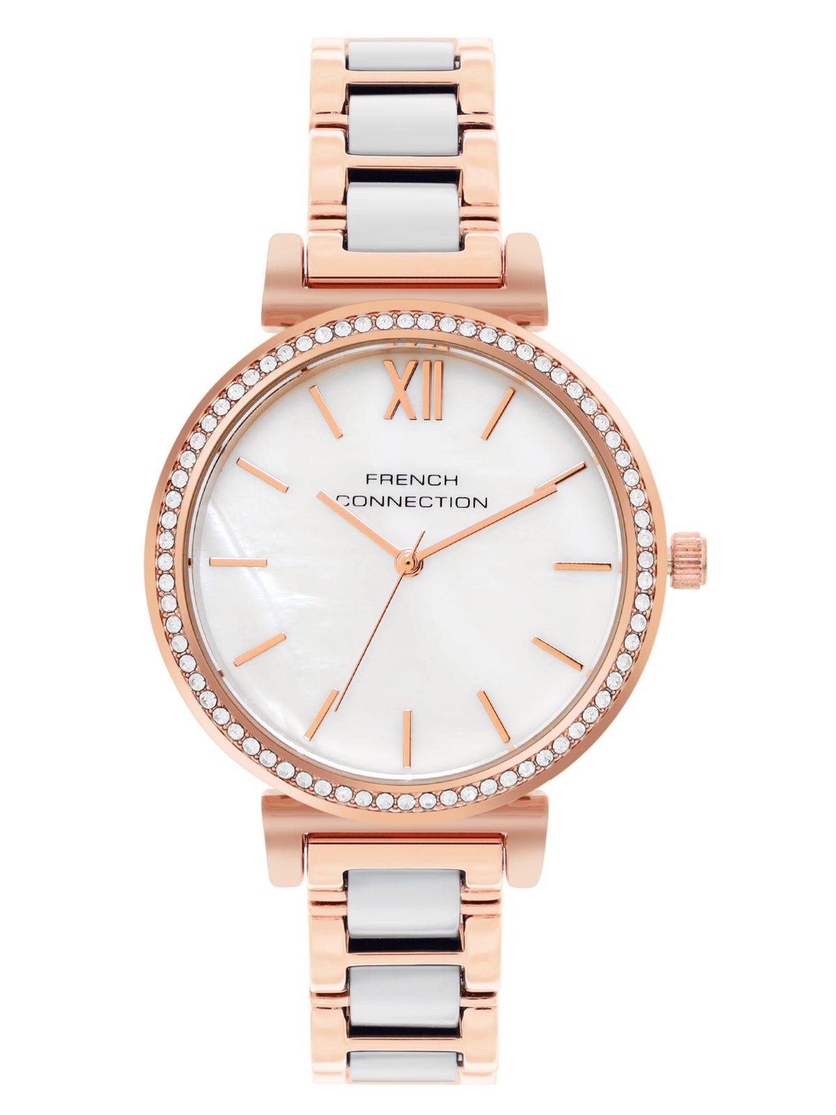 French Connection Mop White Round Dial With Rosegold & White Stainless Steel Strap Watch - For Womens FCB15RTM