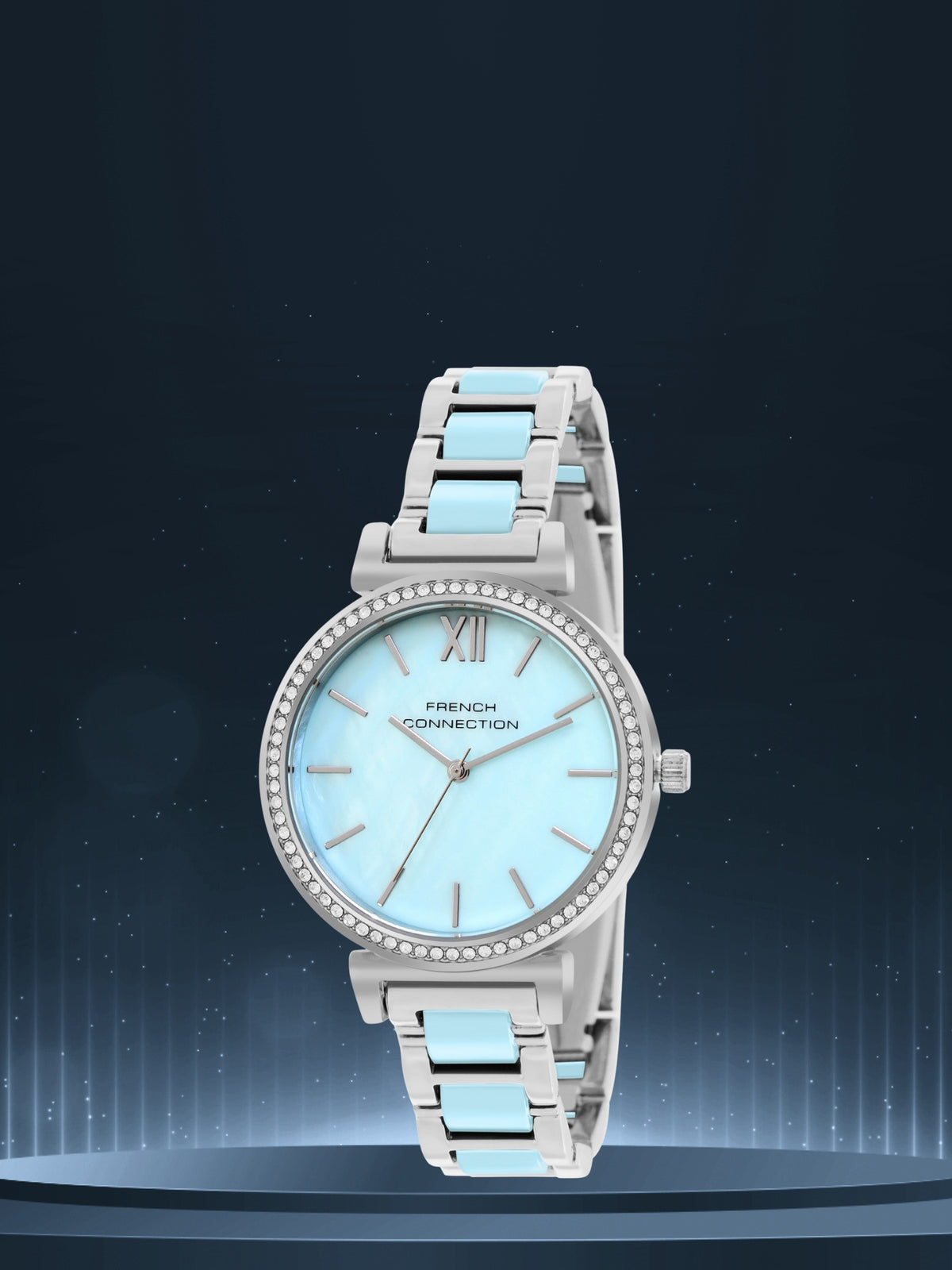 French Connection Mop Blue Round Dial With Blue Two Tone Stainless Steel Strap Watch - For Womens FCB15USM