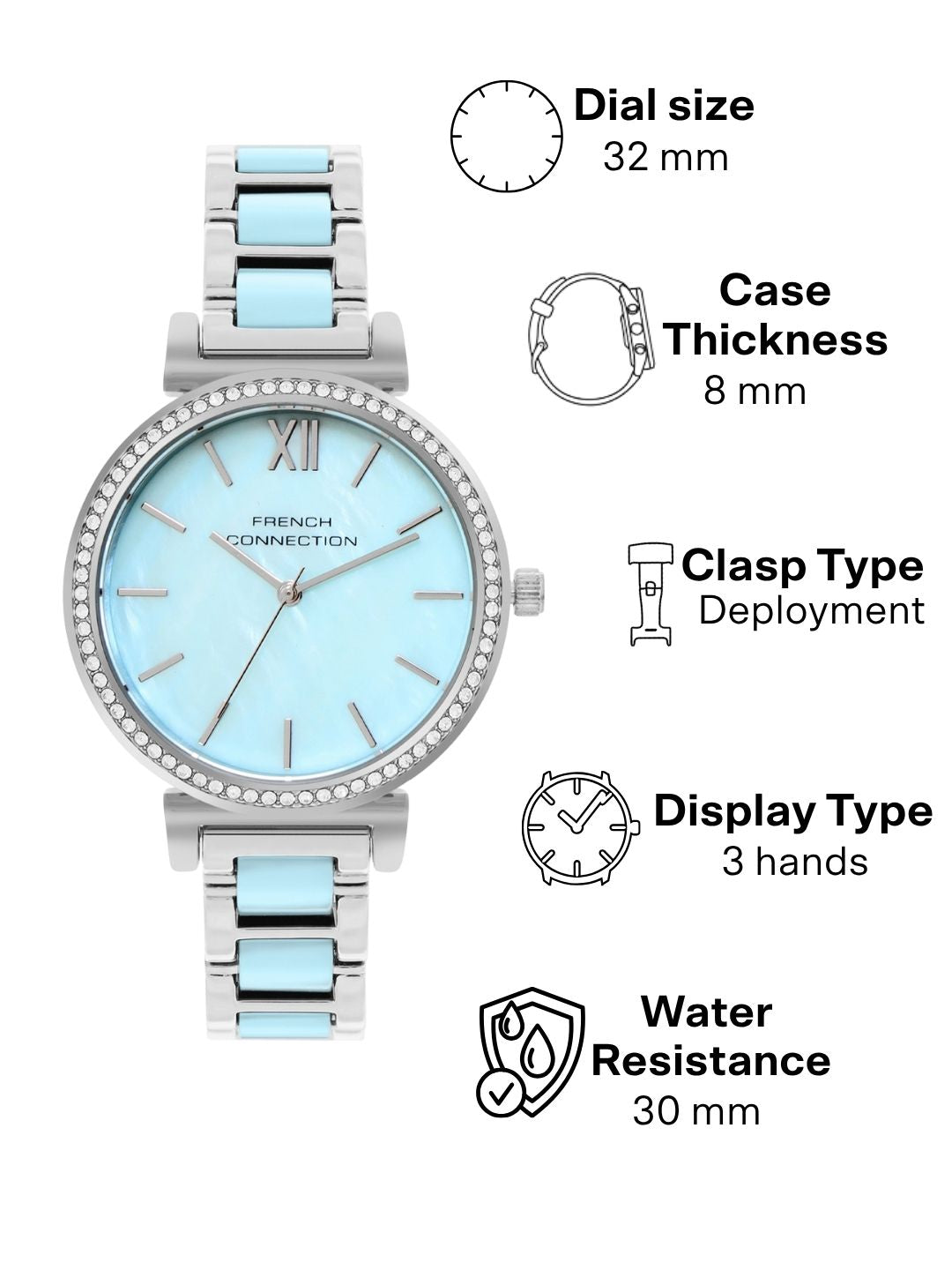 French Connection Mop Blue Round Dial With Blue Two Tone Stainless Steel Strap Watch - For Womens FCB15USM