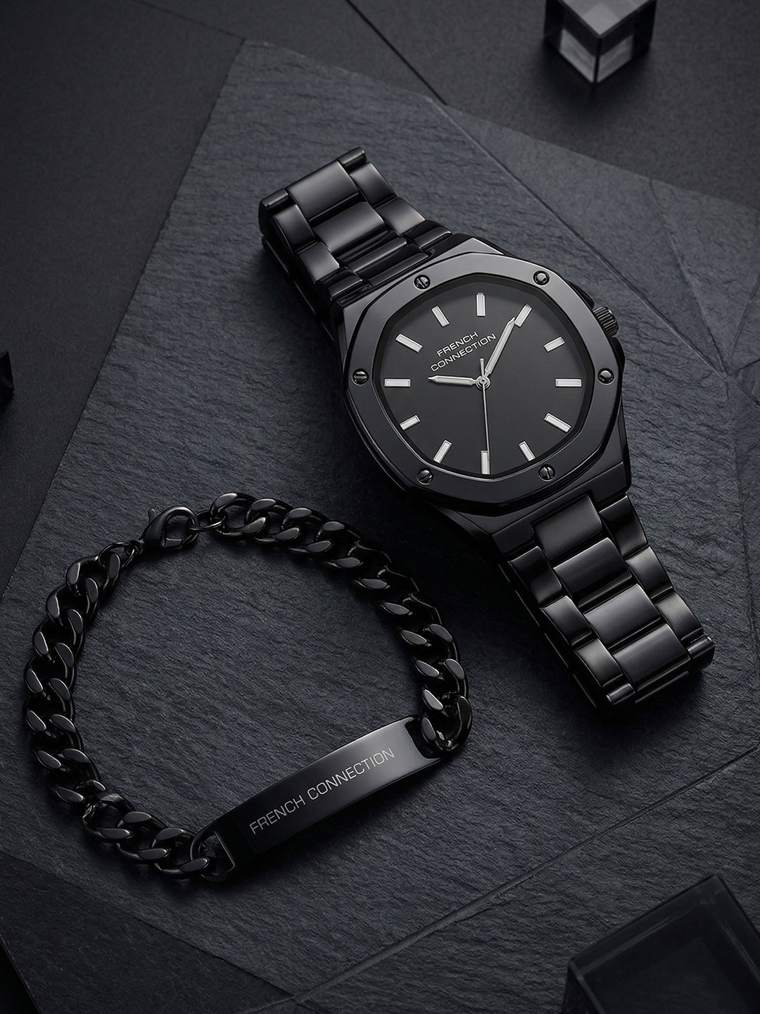 French Connection DUOLUXE Black Dial Stainless Steel Watch and Bracelet for Men - FCB22BBM