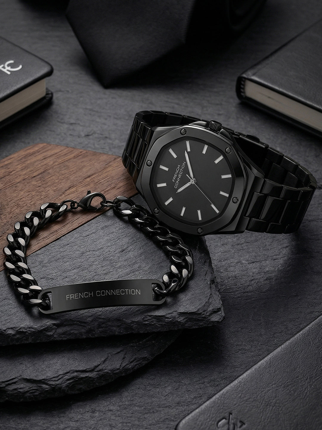 French Connection DUOLUXE Black Dial Stainless Steel Watch and Bracelet for Men - FCB22BBM