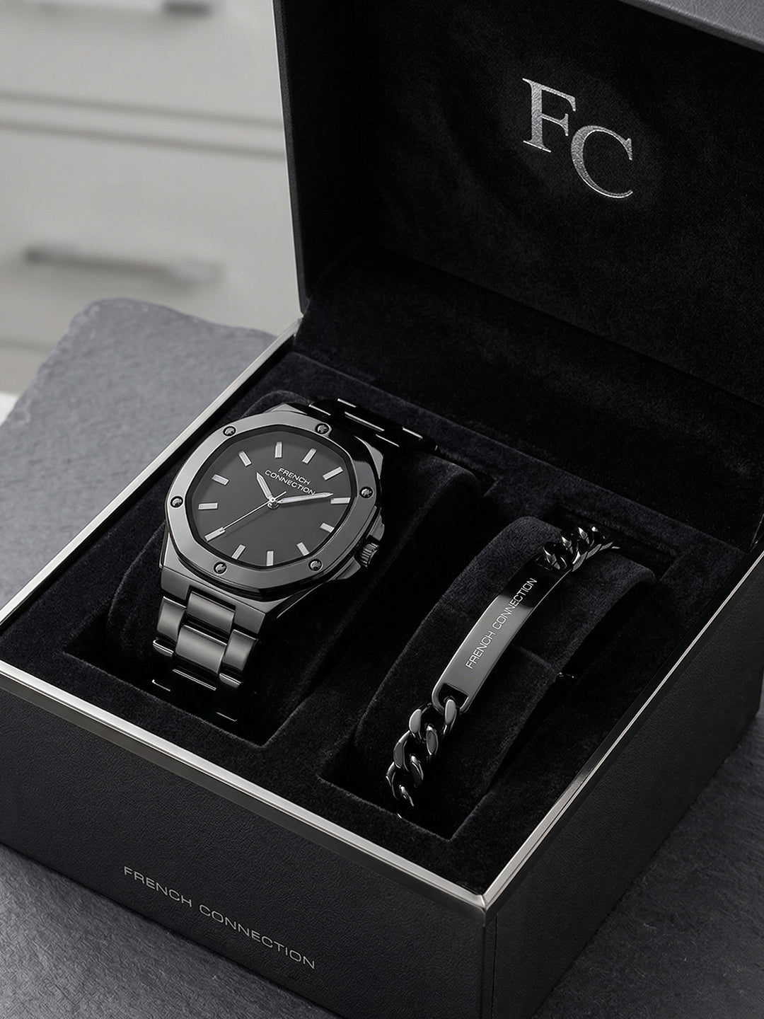 French Connection DUOLUXE Black Dial Stainless Steel Watch and Bracelet for Men - FCB22BBM