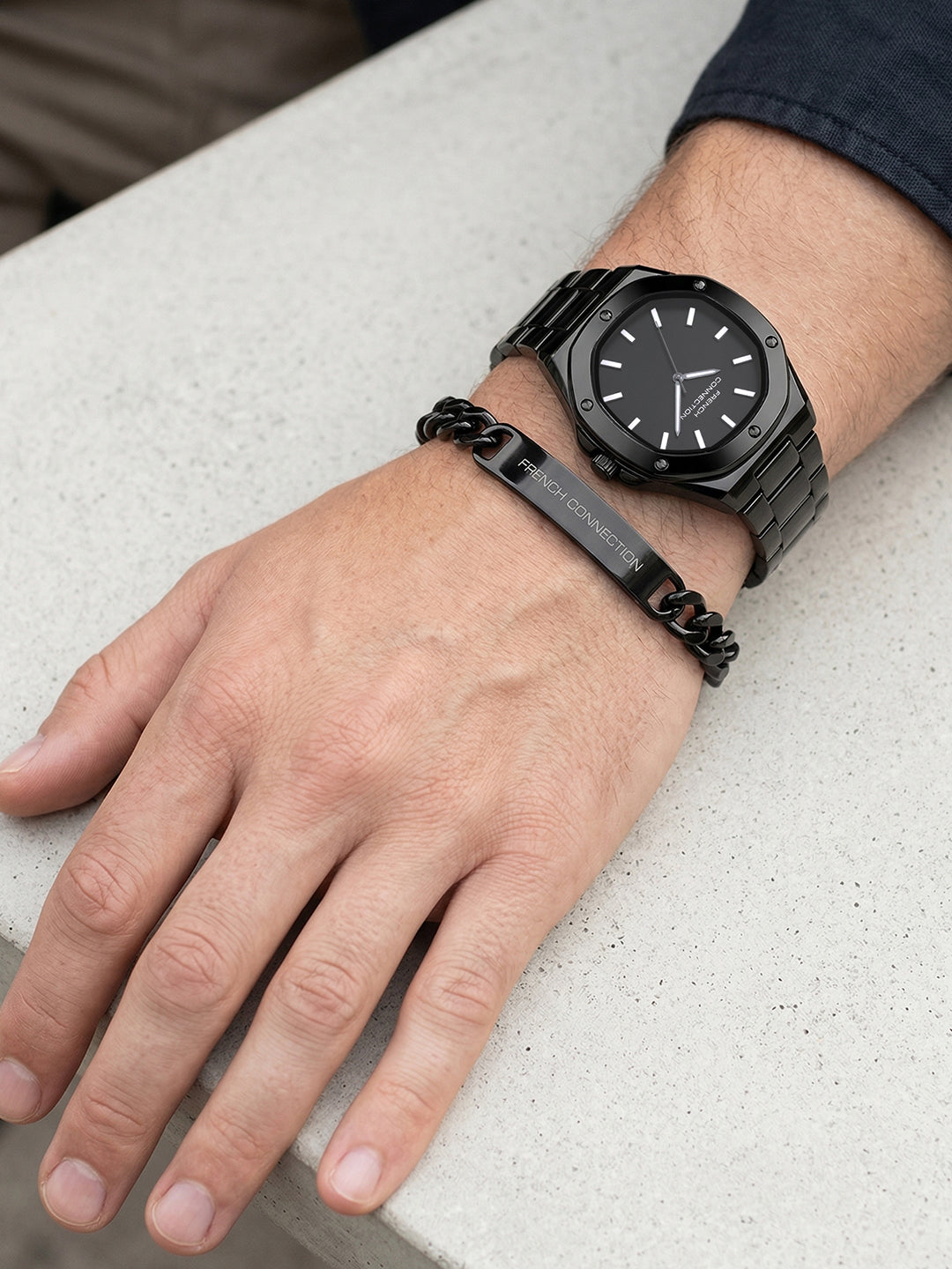 French Connection DUOLUXE Black Dial Stainless Steel Watch and Bracelet for Men - FCB22BBM