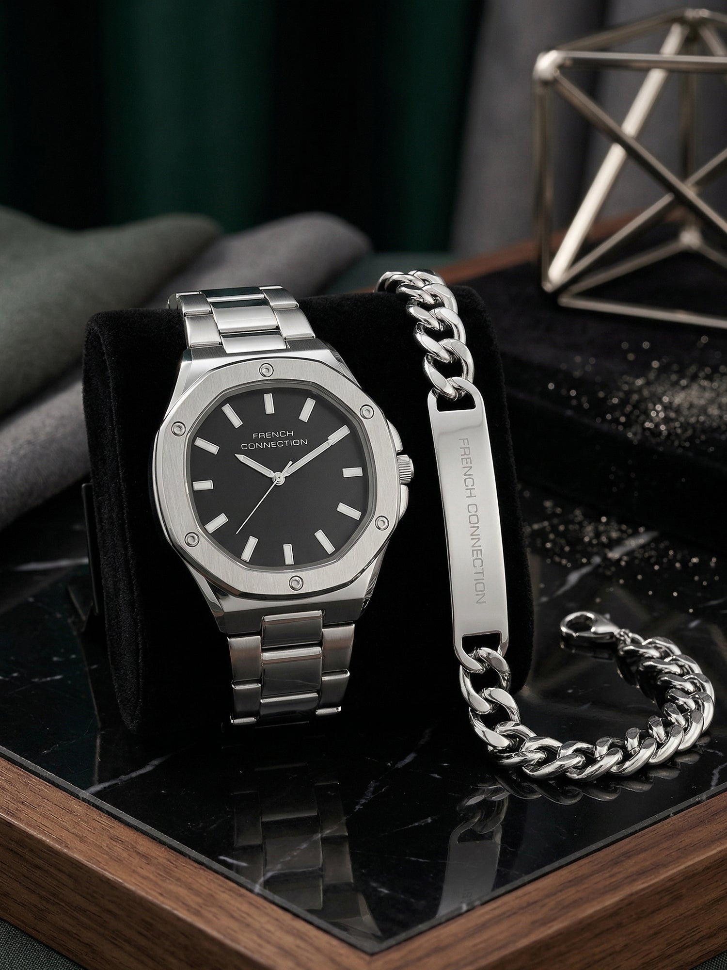 French Connection DUOLUXE Black Dial Stainless Steel Watch and Bracelet for Men - FCB22BSM