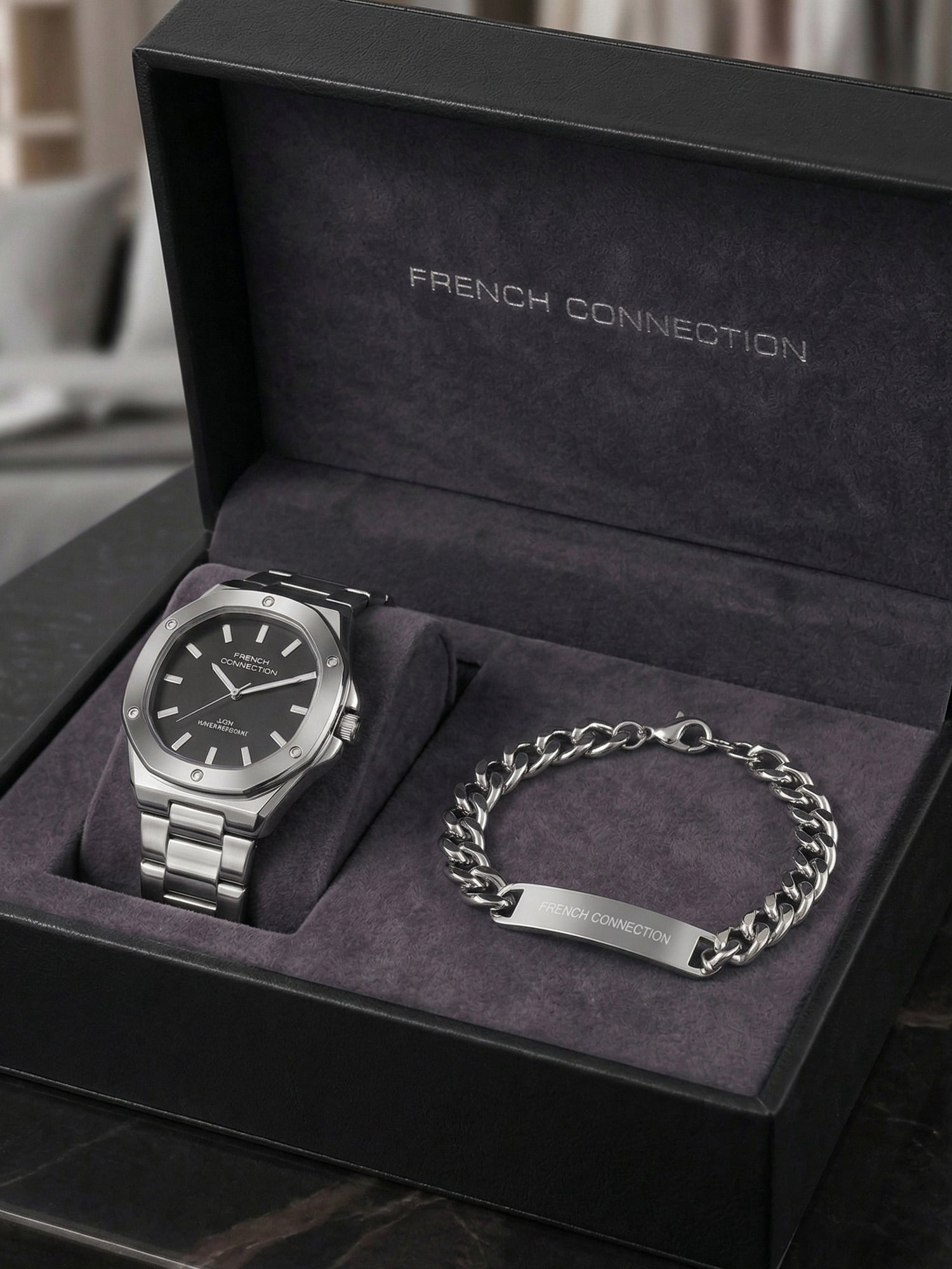 French Connection DUOLUXE Black Dial Stainless Steel Watch and Bracelet for Men - FCB22BSM