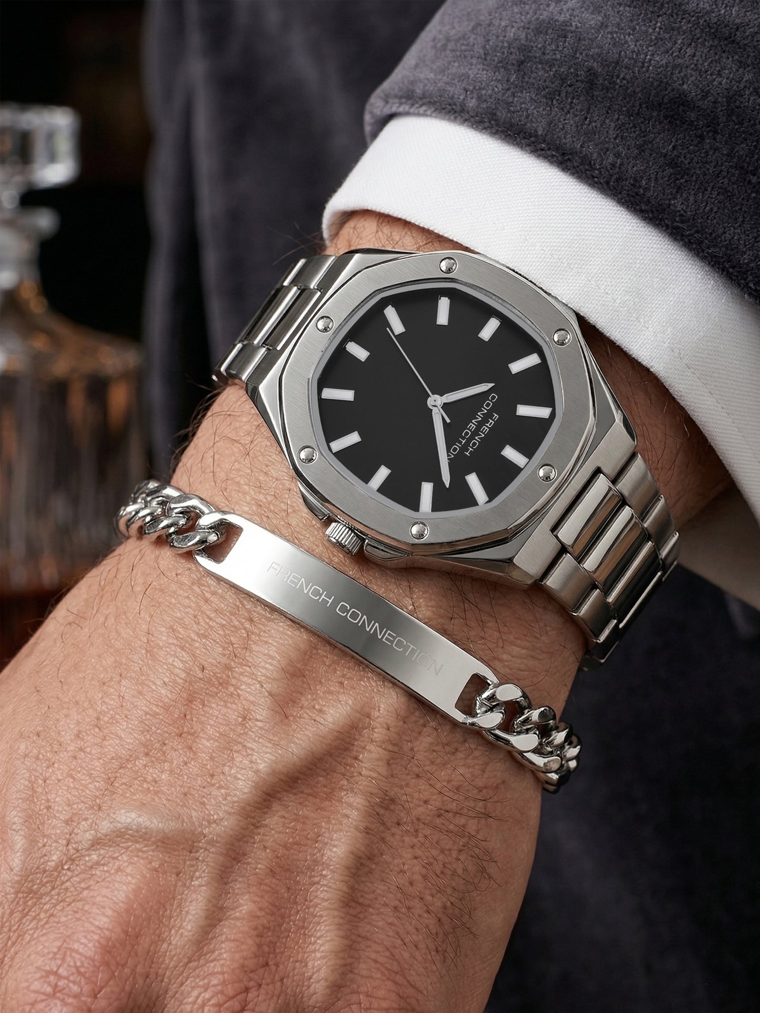 French Connection DUOLUXE Black Dial Stainless Steel Watch and Bracelet for Men - FCB22BSM