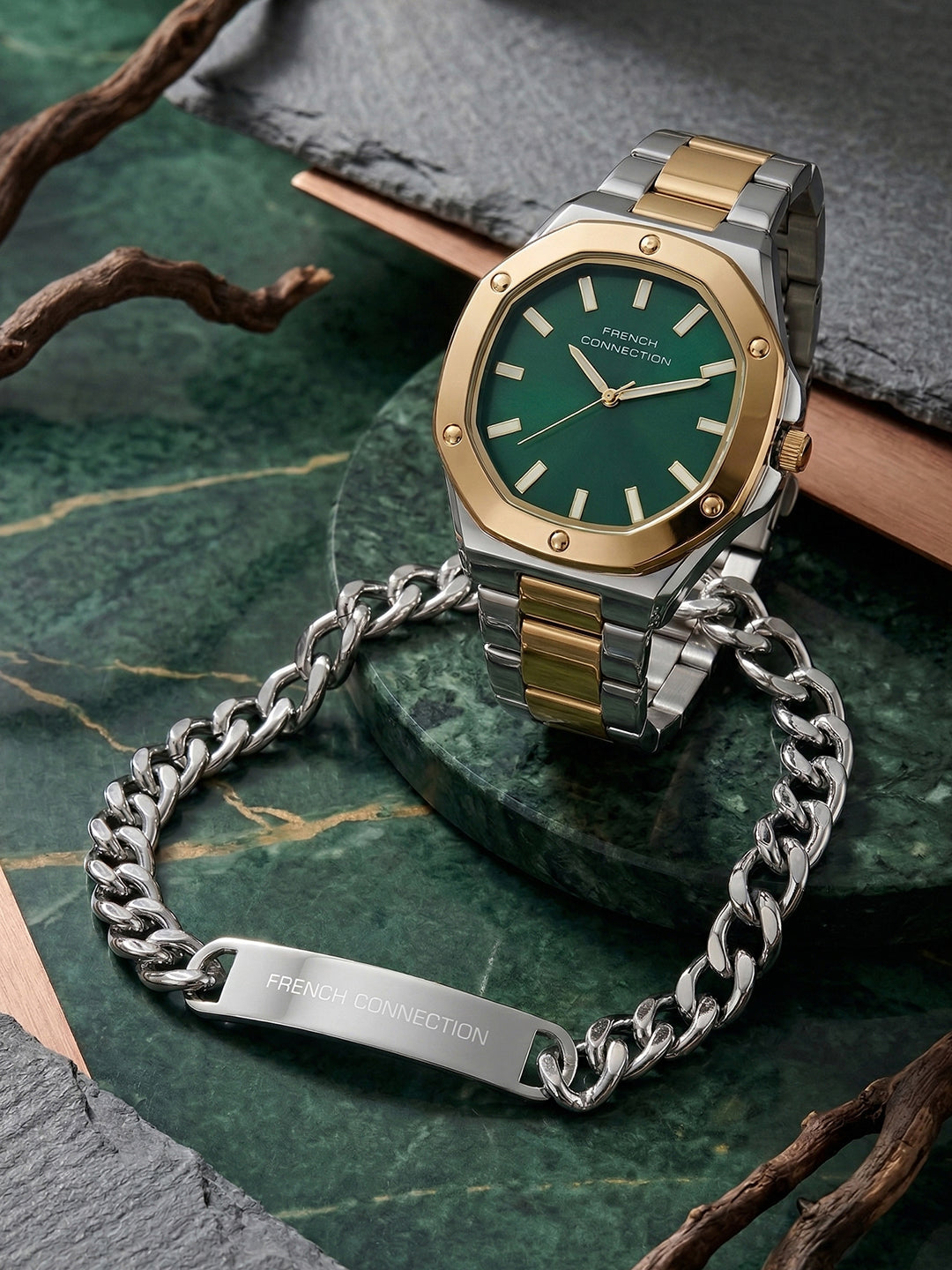 French Connection DUOLUXE Green Dial Stainless Steel Watch and Bracelet for Men - FCB22NTM