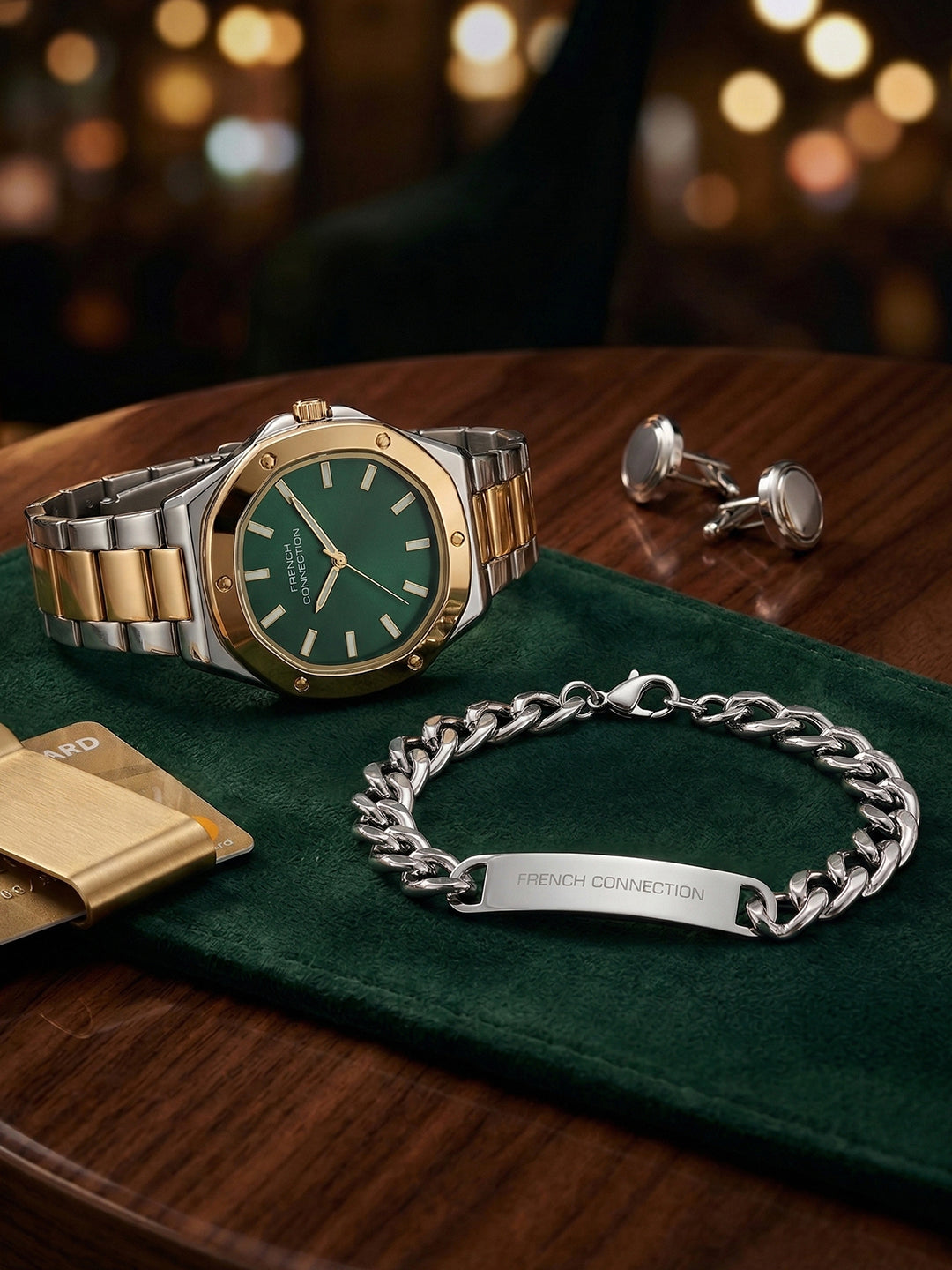 French Connection DUOLUXE Green Dial Stainless Steel Watch and Bracelet for Men - FCB22NTM