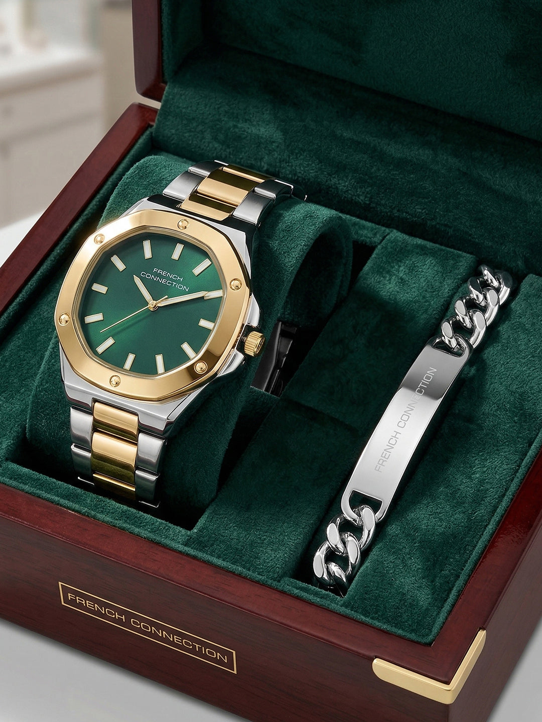 French Connection DUOLUXE Green Dial Stainless Steel Watch and Bracelet for Men - FCB22NTM