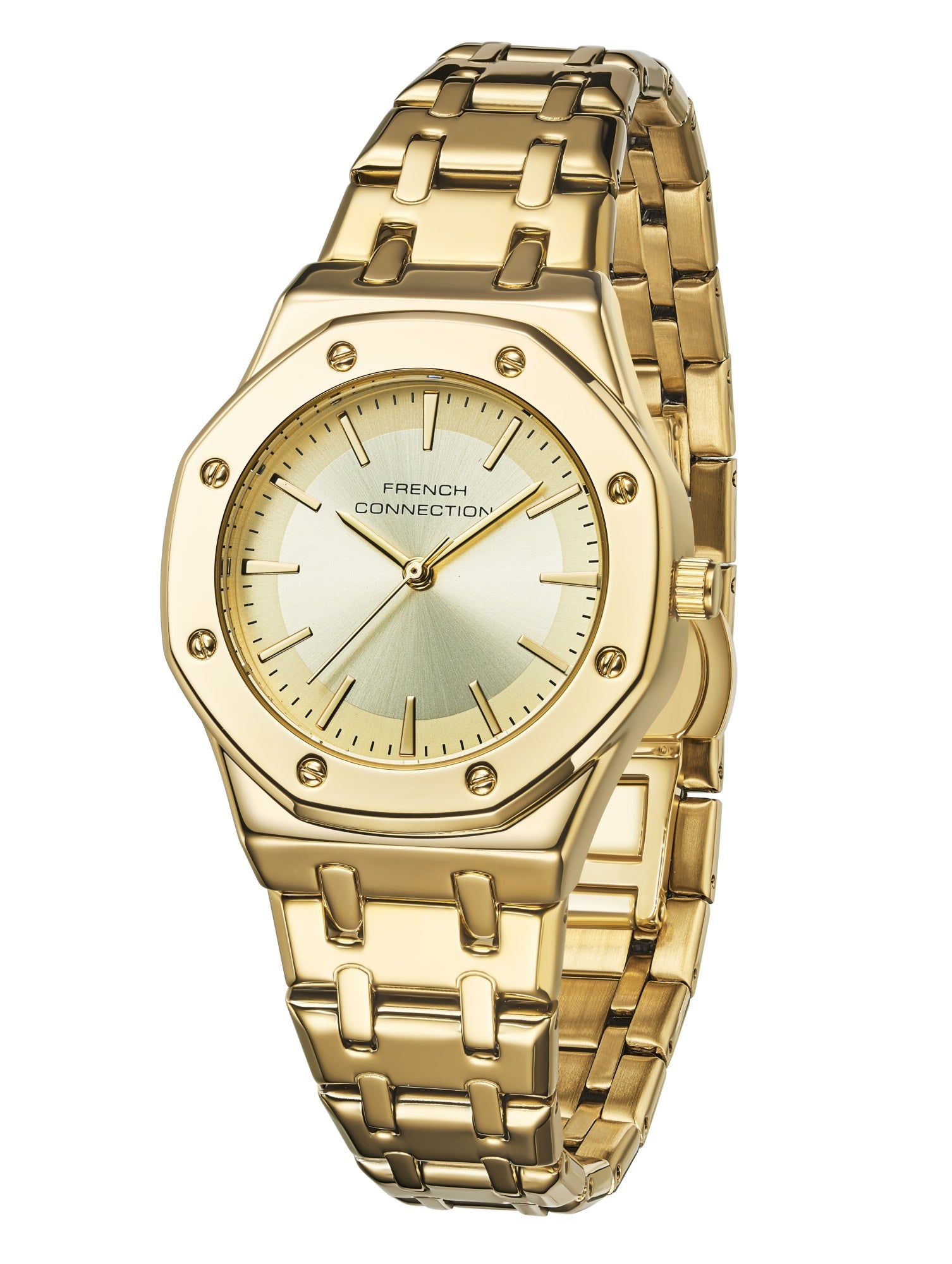 French Connection Octa Edge | Analog | Champagne Sunray Dial | Gold Stainless Steel Strap | Watch for Women - FCB25GM