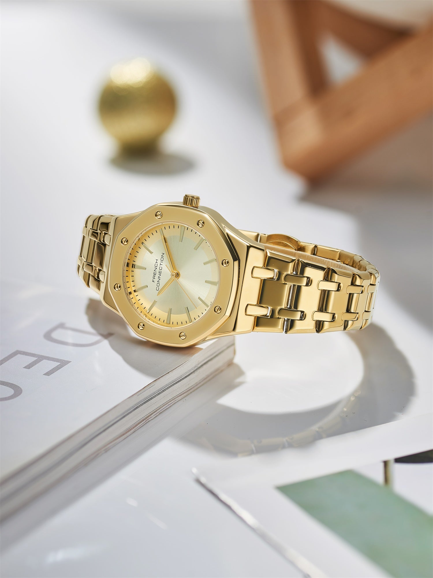 French Connection Octa Edge | Analog | Champagne Sunray Dial | Gold Stainless Steel Strap | Watch for Women - FCB25GM