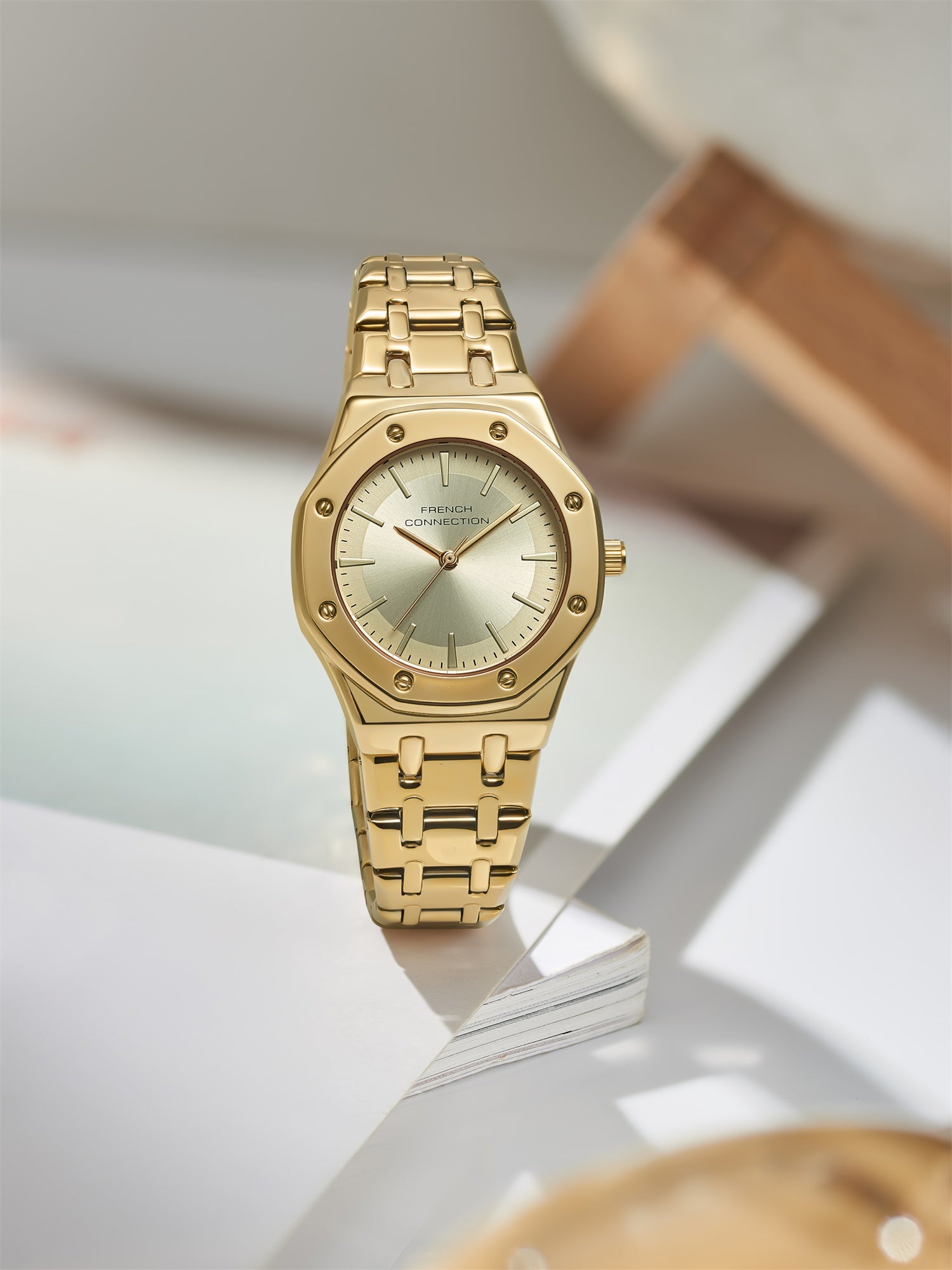 French Connection Octa Edge | Analog | Champagne Sunray Dial | Gold Stainless Steel Strap | Watch for Women - FCB25GM