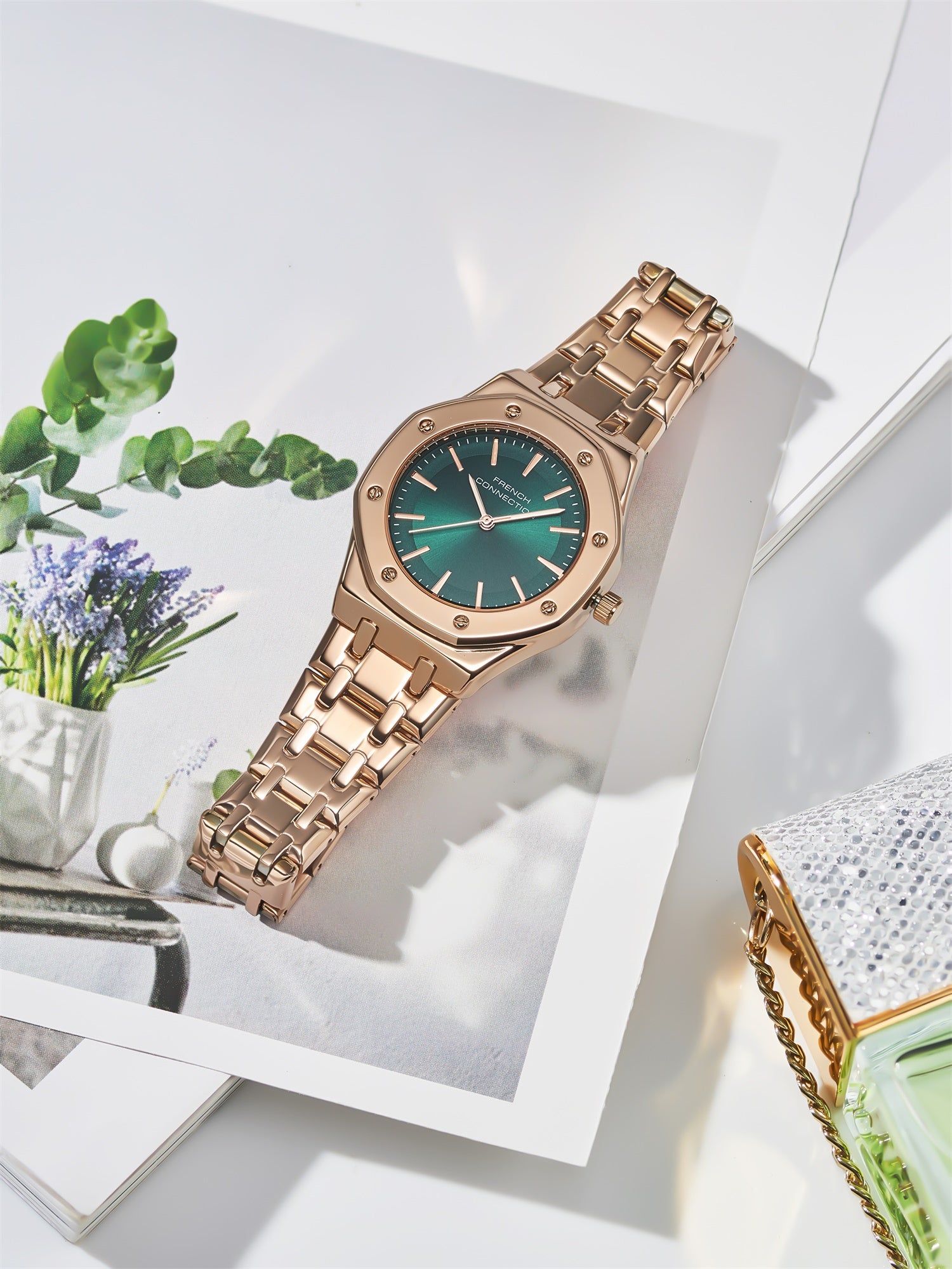 French Connection Octa Edge | Analog | Green Sunray Dial | Rose Gold Stainless Steel Strap | Watch for Women - FCB25NRGM