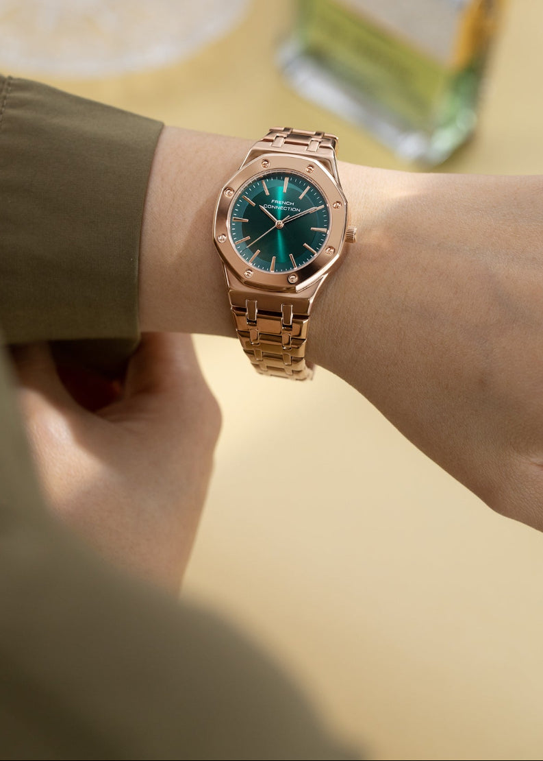 French Connection Octa Edge | Analog | Green Sunray Dial | Rose Gold Stainless Steel Strap | Watch for Women - FCB25NRGM