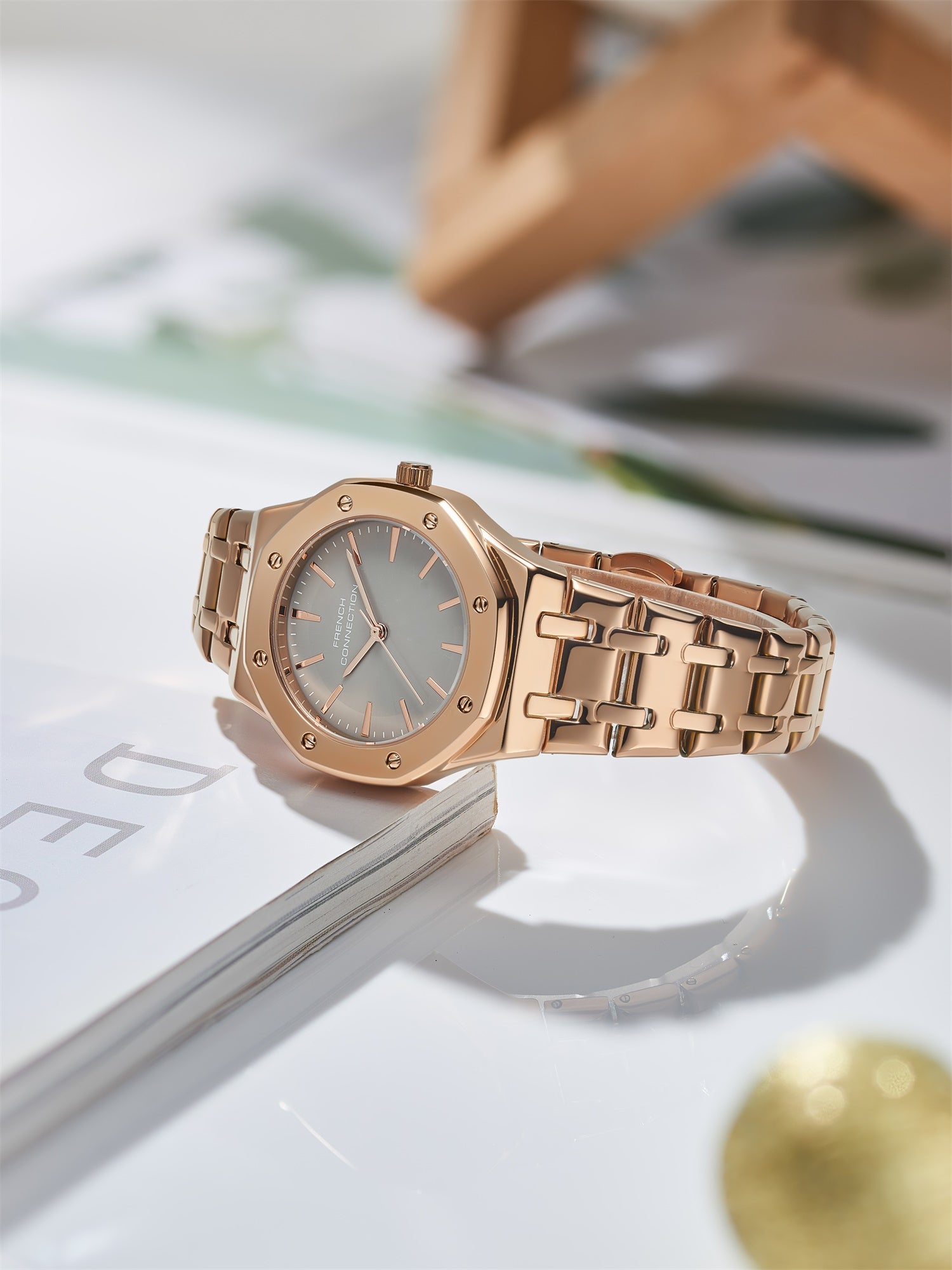 French Connection Octa Edge | Analog | Grey Sunray Dial | Rose Gold Stainless Steel Strap | Watch for Women - FCB25RGM