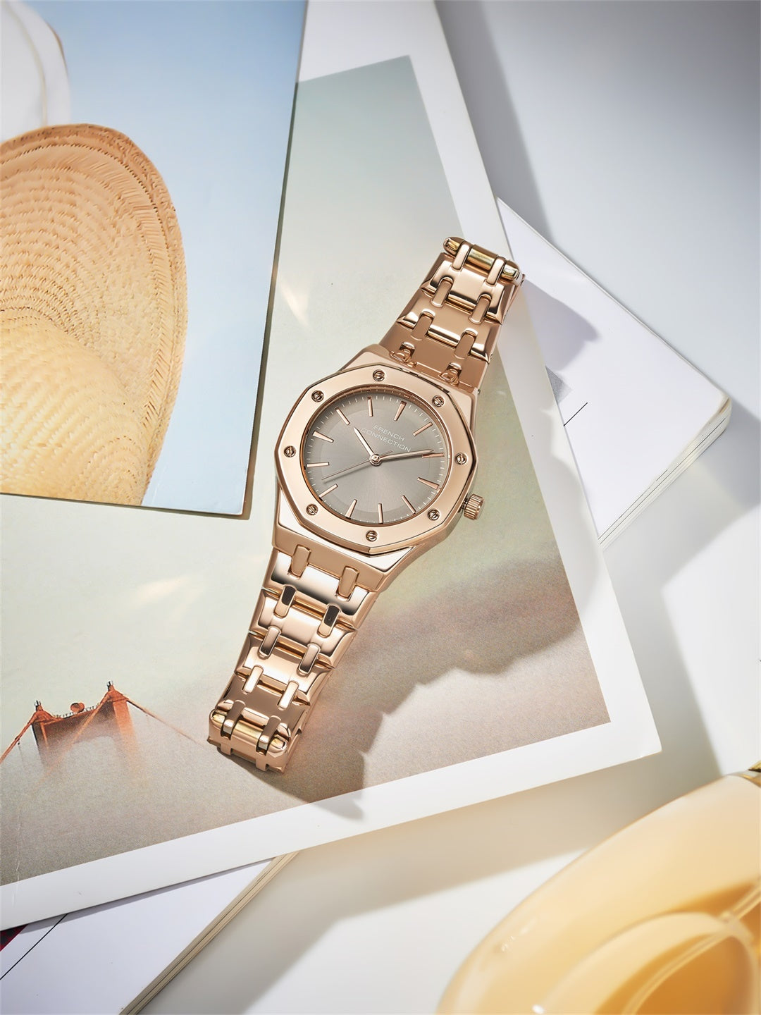 French Connection Octa Edge | Analog | Grey Sunray Dial | Rose Gold Stainless Steel Strap | Watch for Women - FCB25RGM