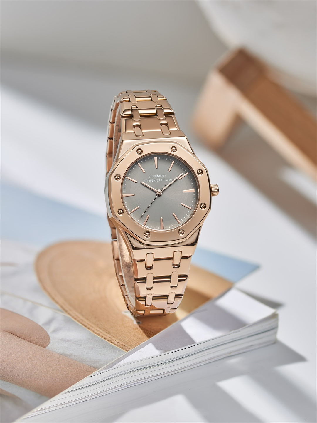 French Connection Octa Edge | Analog | Grey Sunray Dial | Rose Gold Stainless Steel Strap | Watch for Women - FCB25RGM