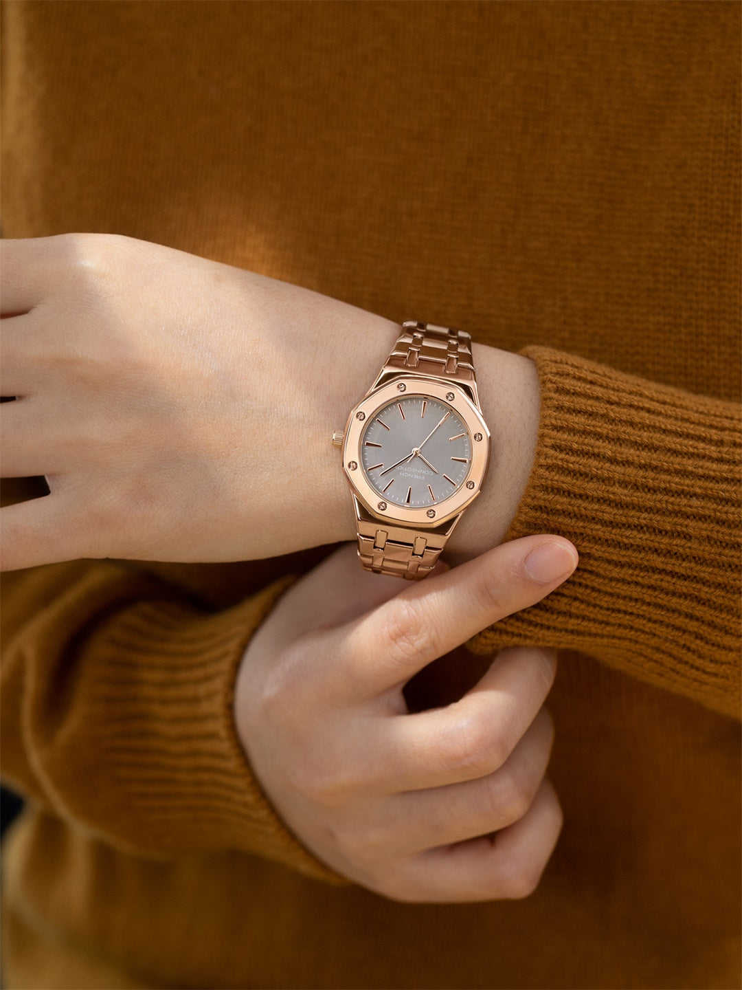 French Connection Octa Edge | Analog | Grey Sunray Dial | Rose Gold Stainless Steel Strap | Watch for Women - FCB25RGM