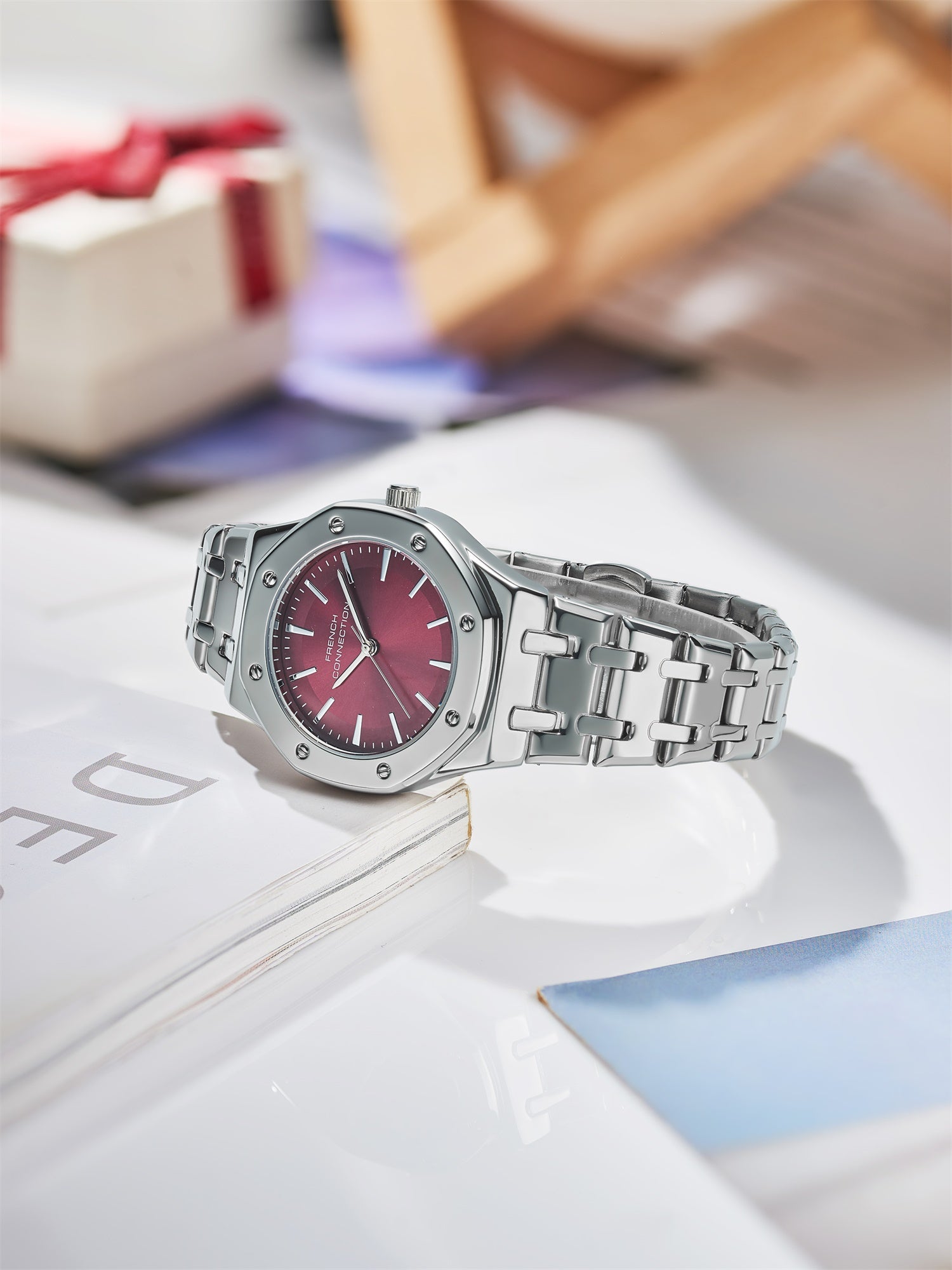 French Connection Octa Edge | Analog | Red Sunray Dial | Silver Stainless Steel Strap | Watch for Women - FCB25SM