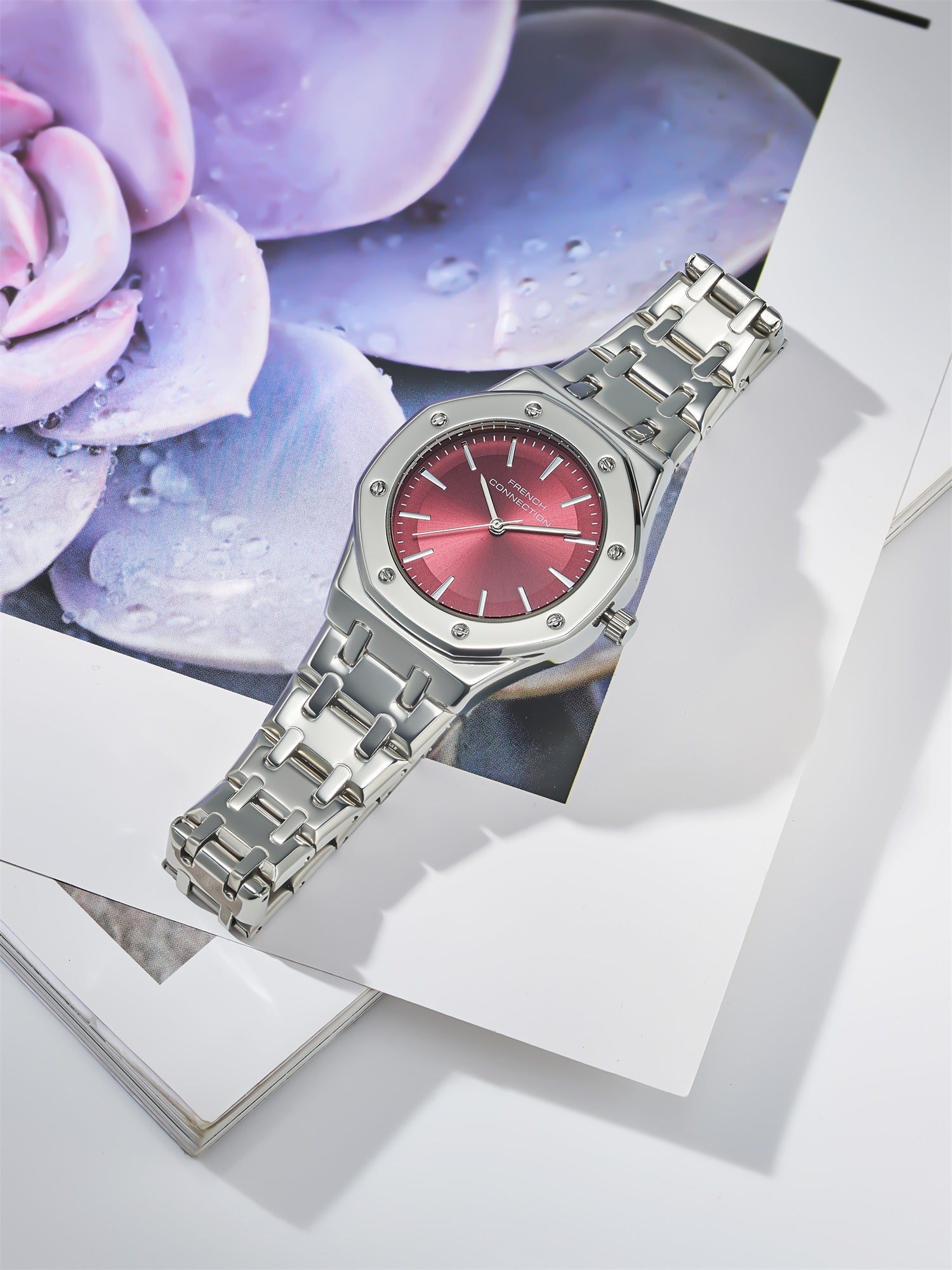 French Connection Octa Edge | Analog | Red Sunray Dial | Silver Stainless Steel Strap | Watch for Women - FCB25SM