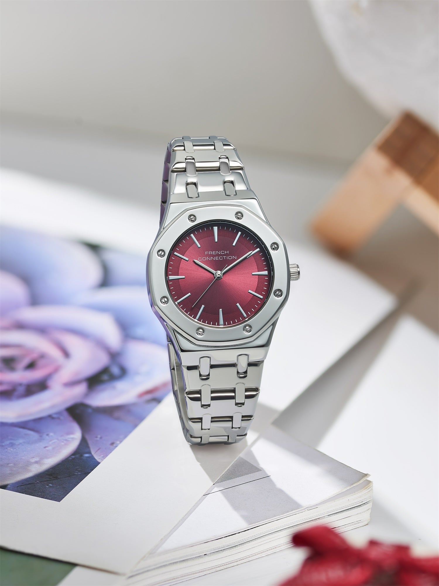 French Connection Octa Edge | Analog | Red Sunray Dial | Silver Stainless Steel Strap | Watch for Women - FCB25SM