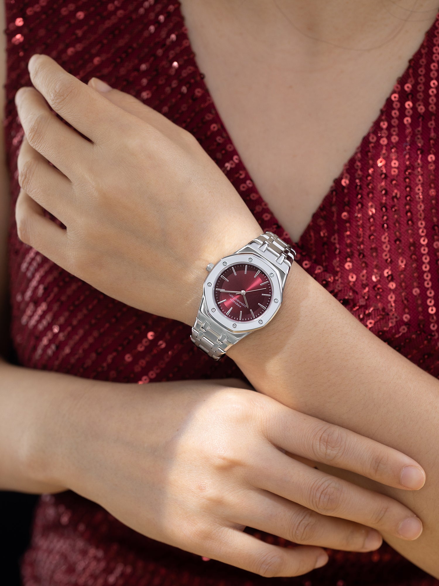 French Connection Octa Edge | Analog | Red Sunray Dial | Silver Stainless Steel Strap | Watch for Women - FCB25SM