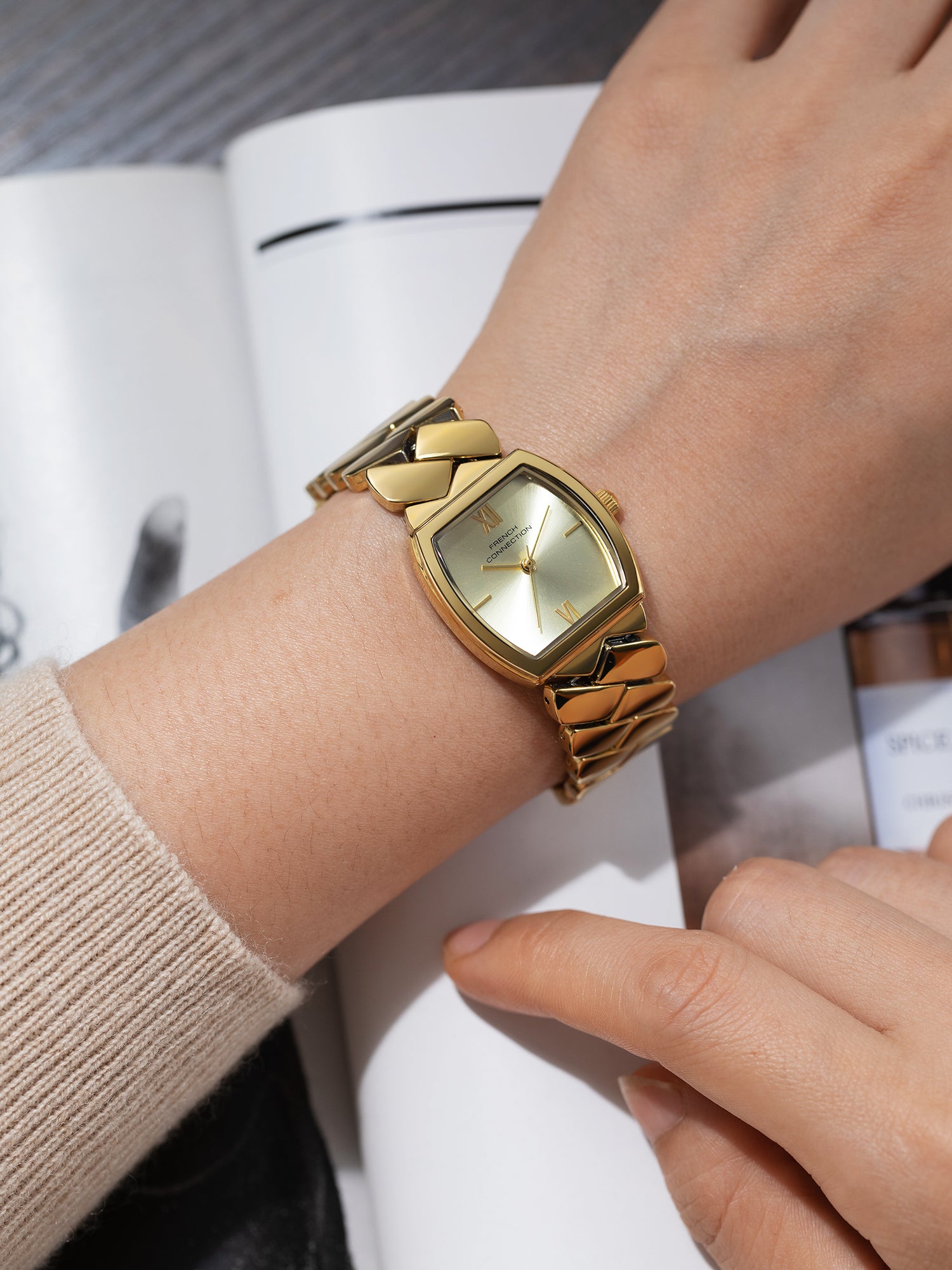 French Connection Braidé | Analog | Gold Sunray Dial | Woven Link Strap | Watch for Women - FCB27GM